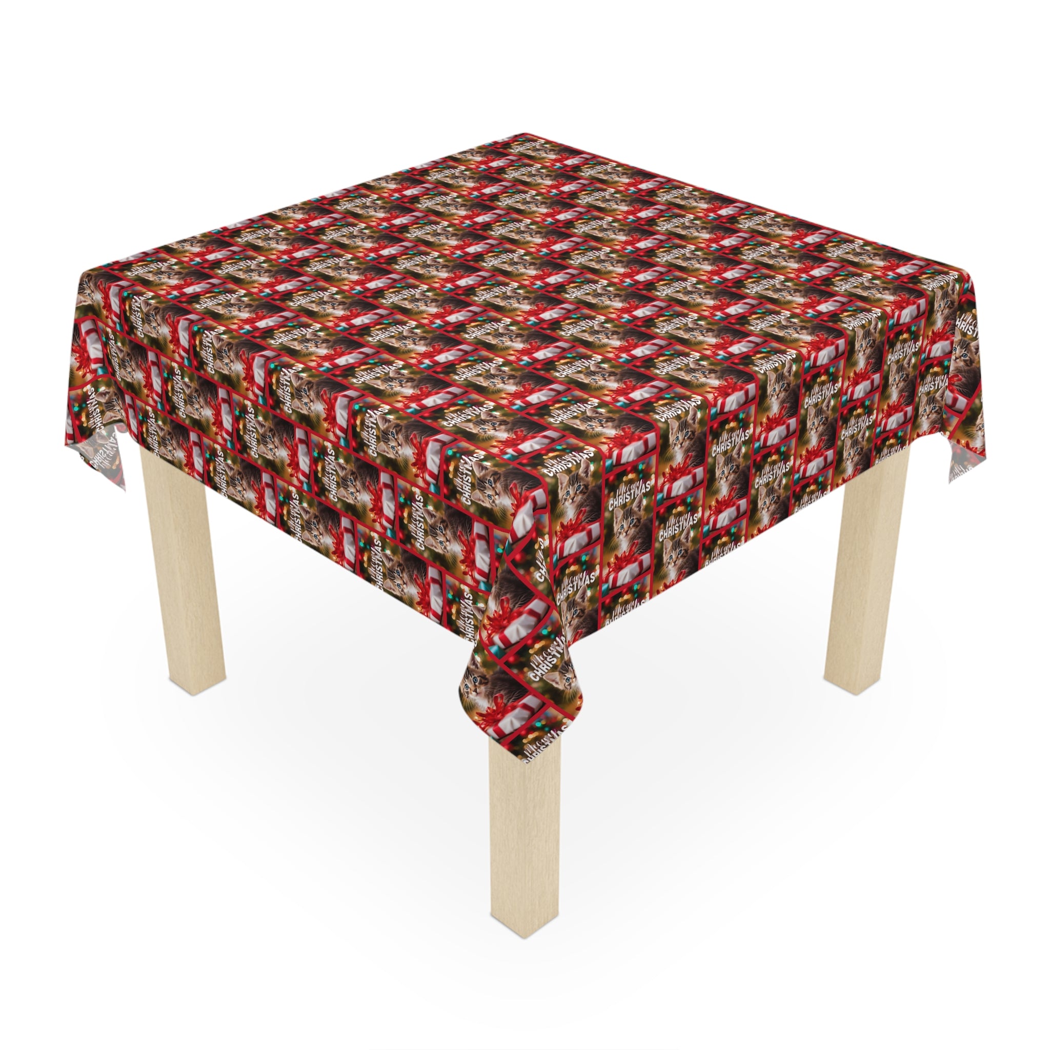 Photo depicting the ​Meowy Christmas Tablecloth from EpiAl's Shop.