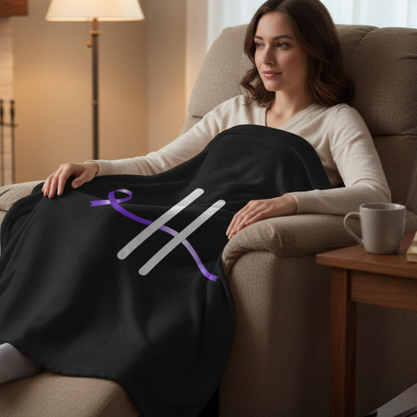 “Pause” Epilepsy Awareness Velveteen Blanket – Purple Ribbon Pause Symbol
