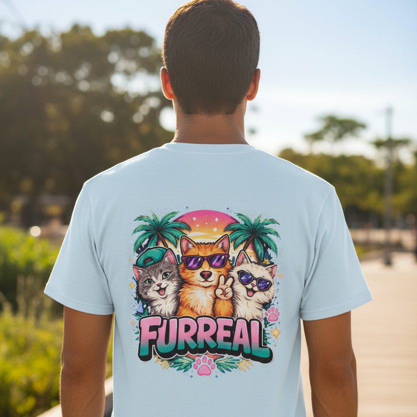 Furreal Retro Cat Sunset Back Graphic Unisex T-Shirt
