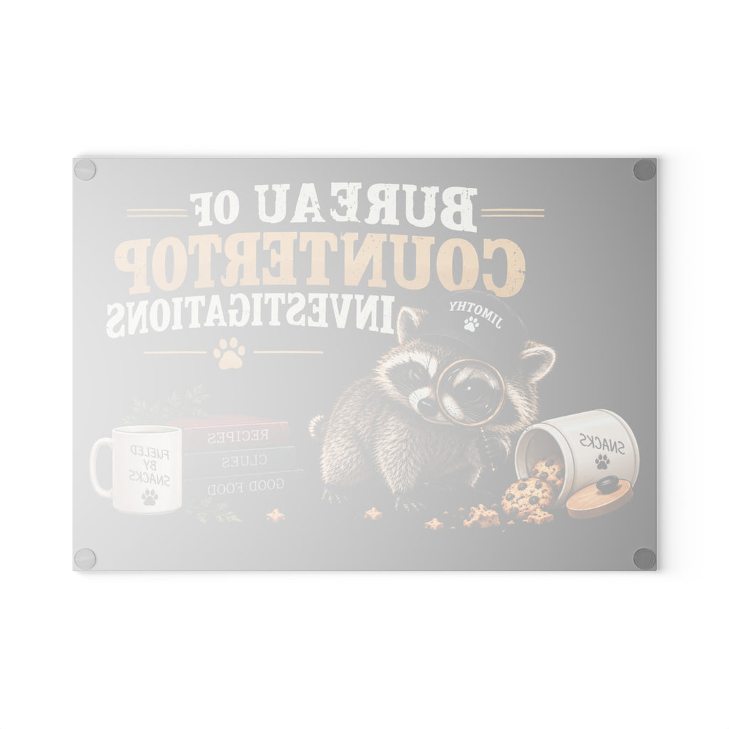 Bureau of Countertop Investigations Glass Cutting Board | Jimothy Raccoon Kitchen Decor