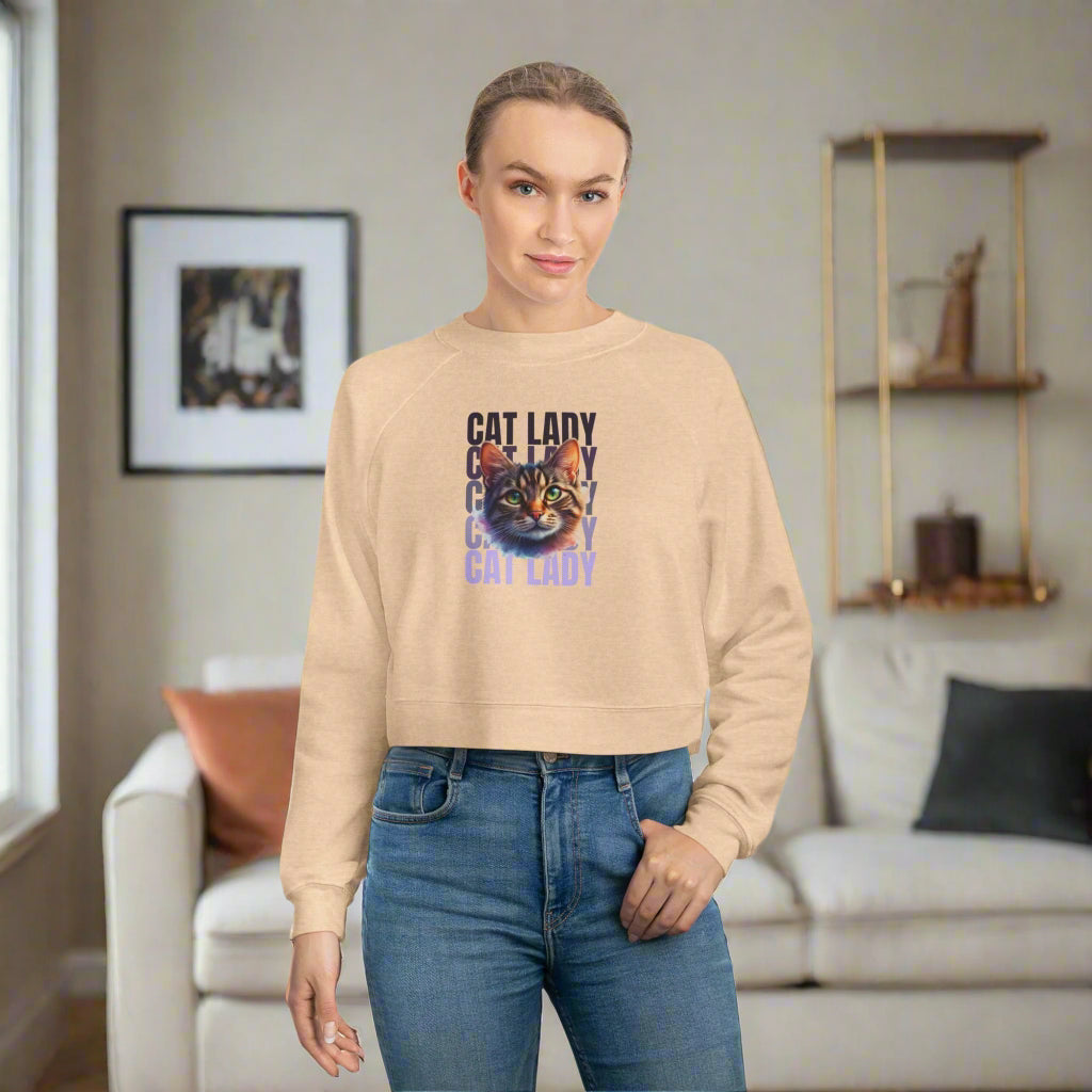 Colorful Cat Lady Cropped Fleece Pullover - Cozy Sweatshirt for Cat Lovers
