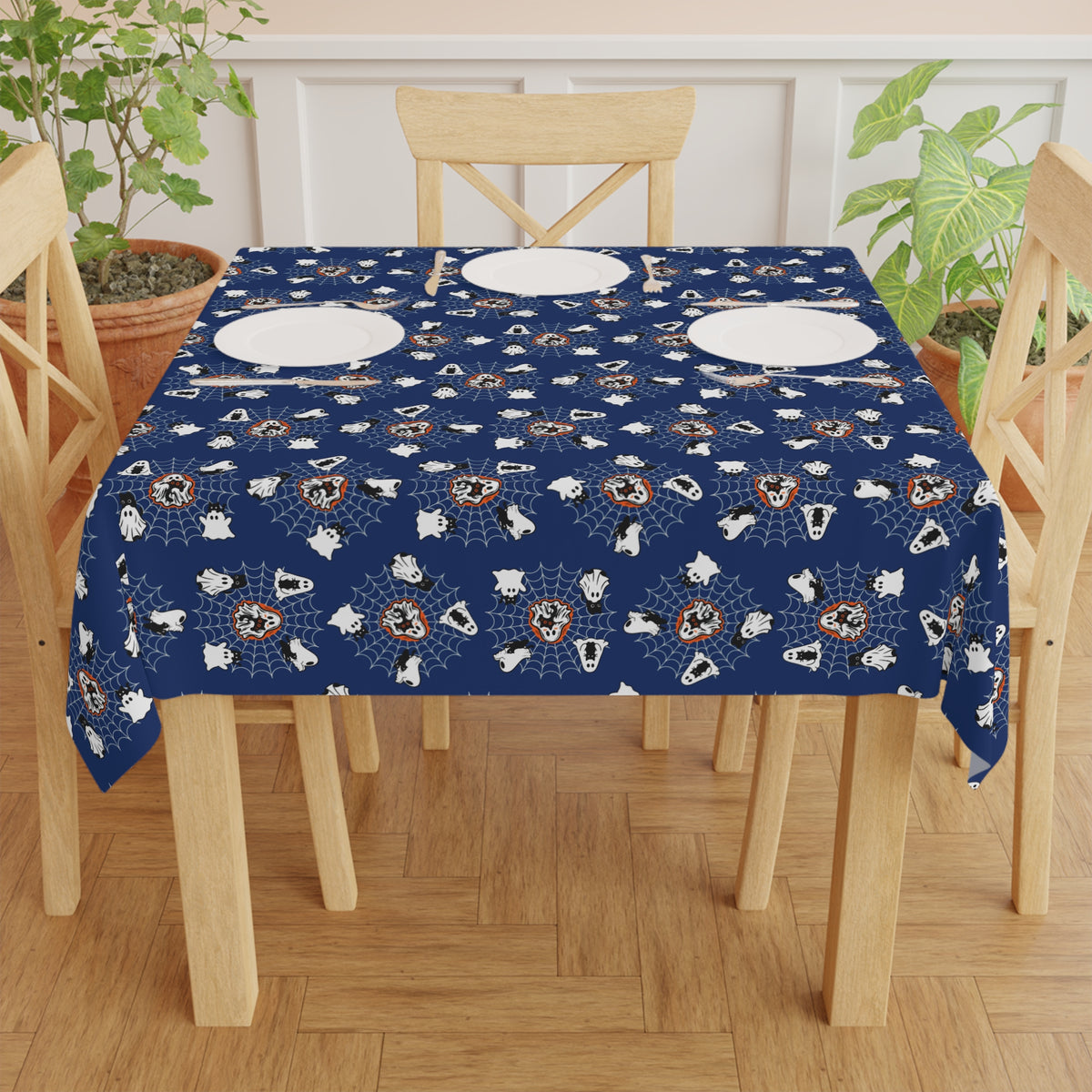 Ghost Cat Spiderweb Halloween Tablecloth | Navy Spooky Cat Table Decor