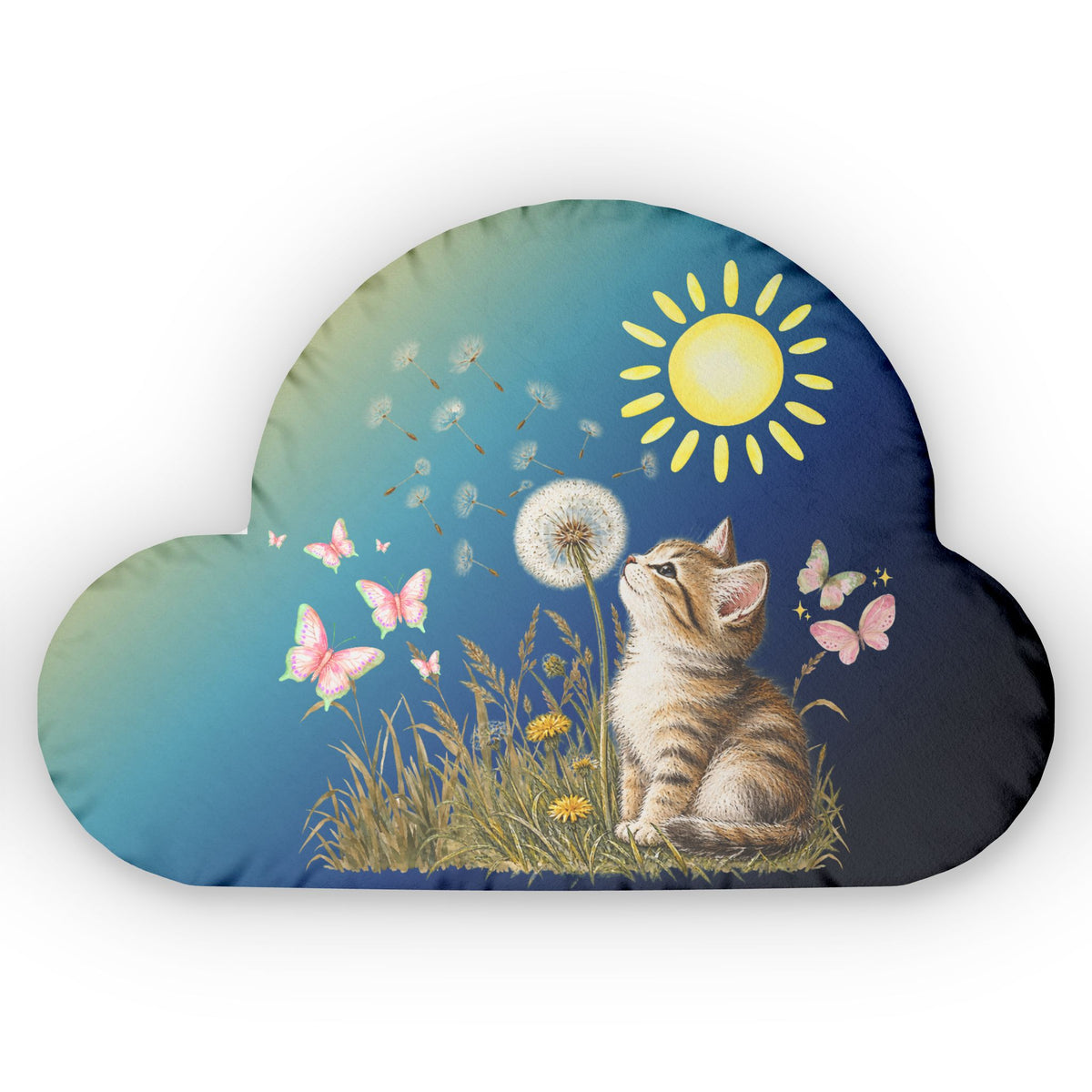 Kitten & Dandelion Cloud-Shaped Pillow | Whimsical Cat Decorative Cushion