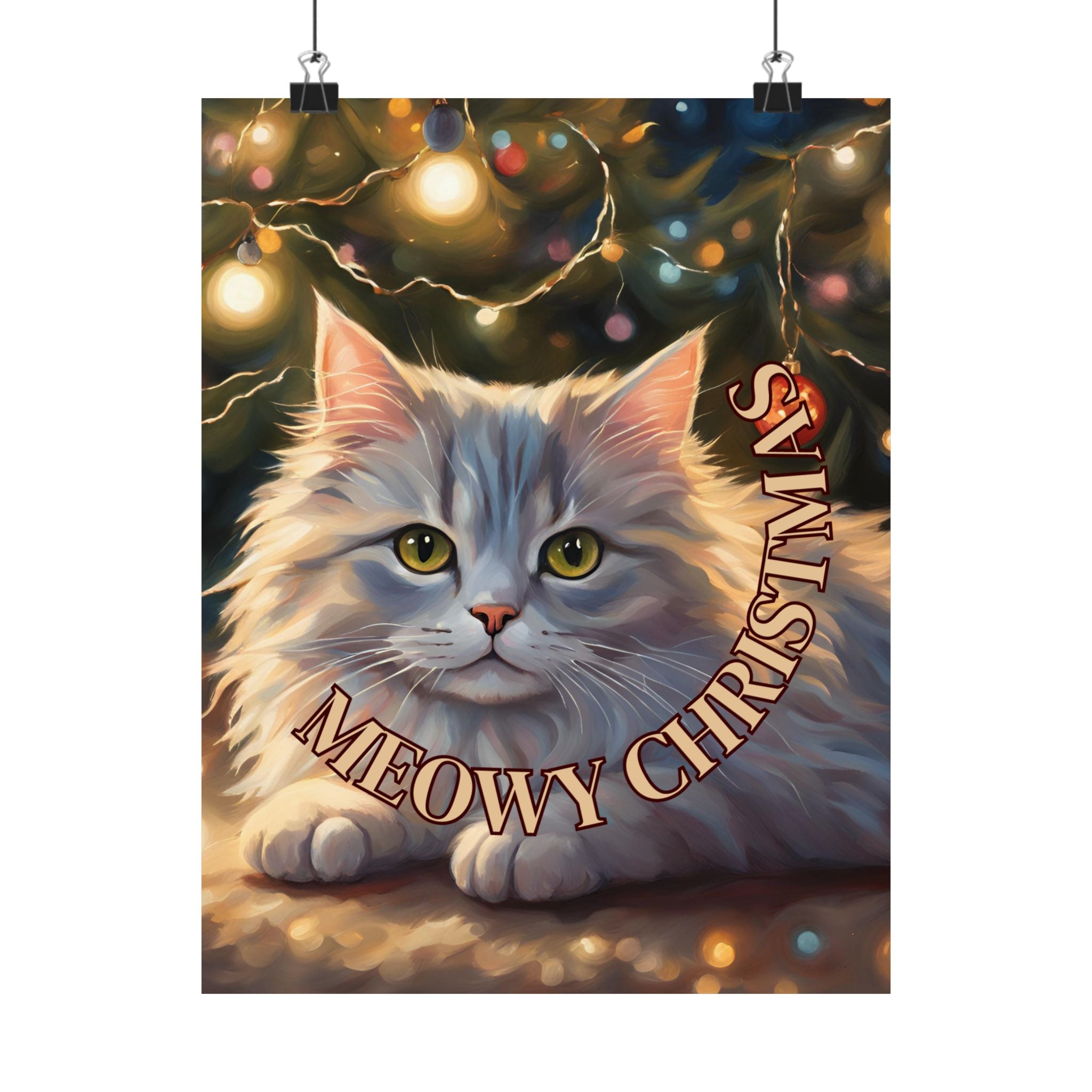 Photo depicting the ​White Meowy Christmas Kitty Matte Vertical Posters from EpiAl's Shop.