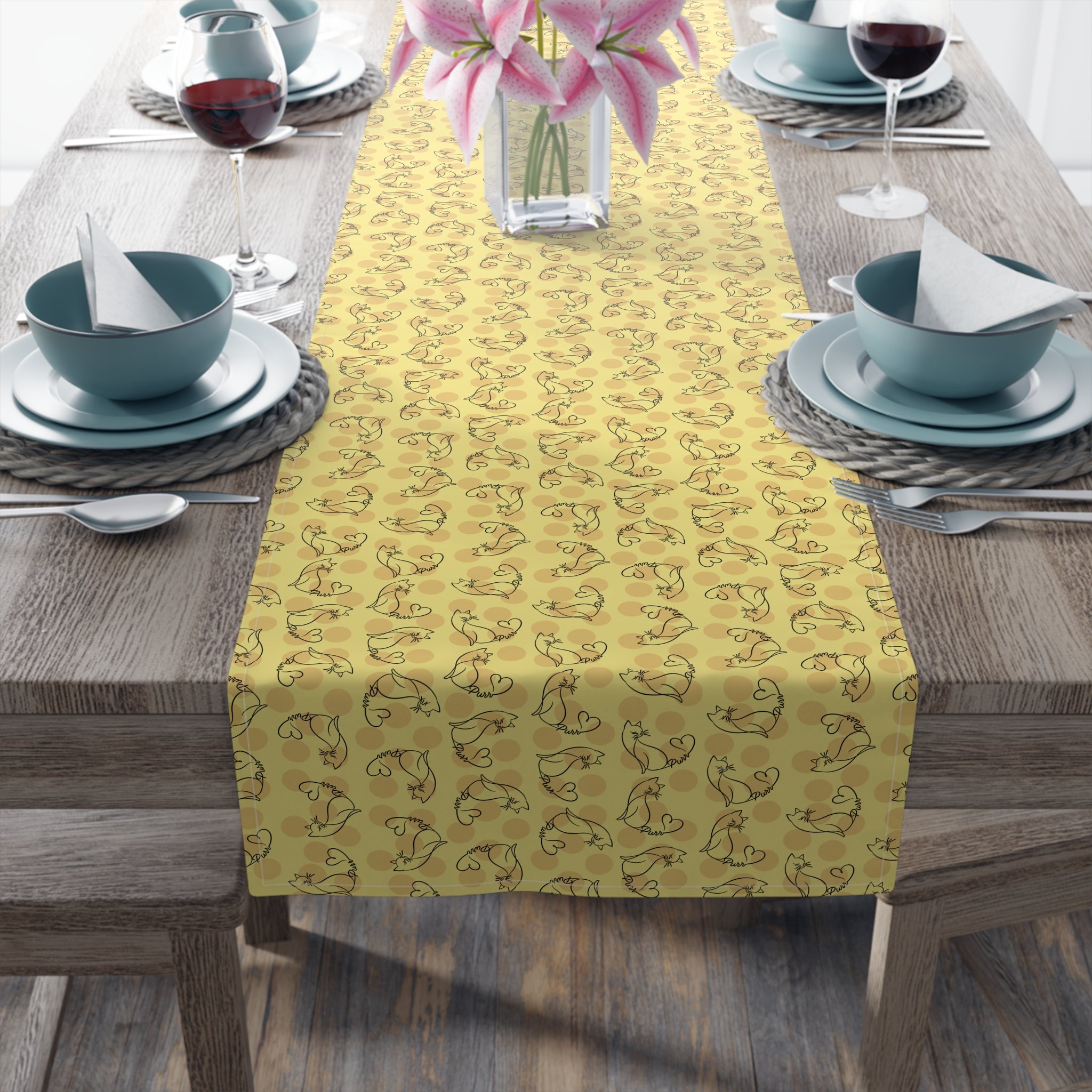 Golden Purr Cat Table Runner – Minimalist Line Art Polka Dot Design