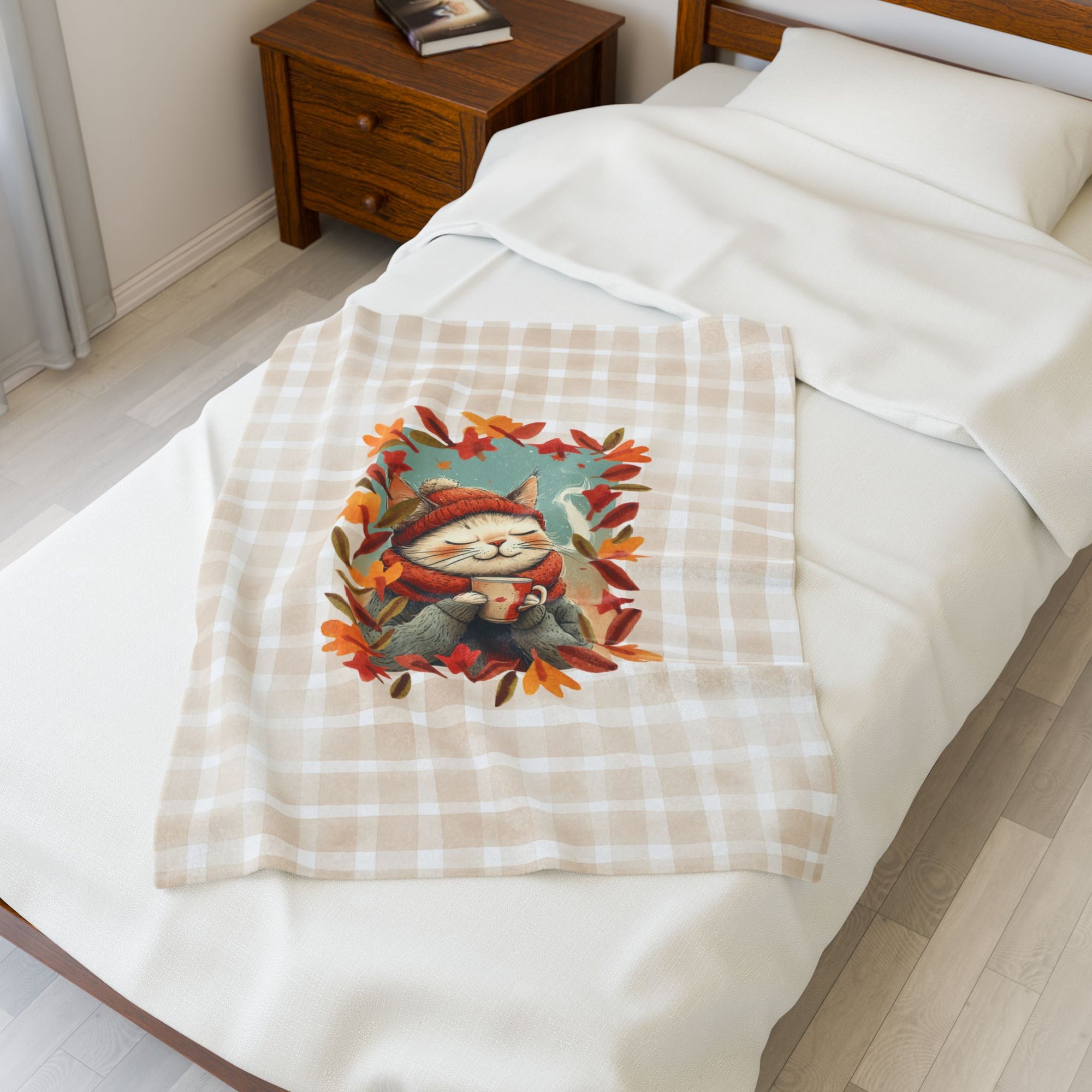 Hot Chocolate Cat Plush Blanket, Soft Throw for Fall