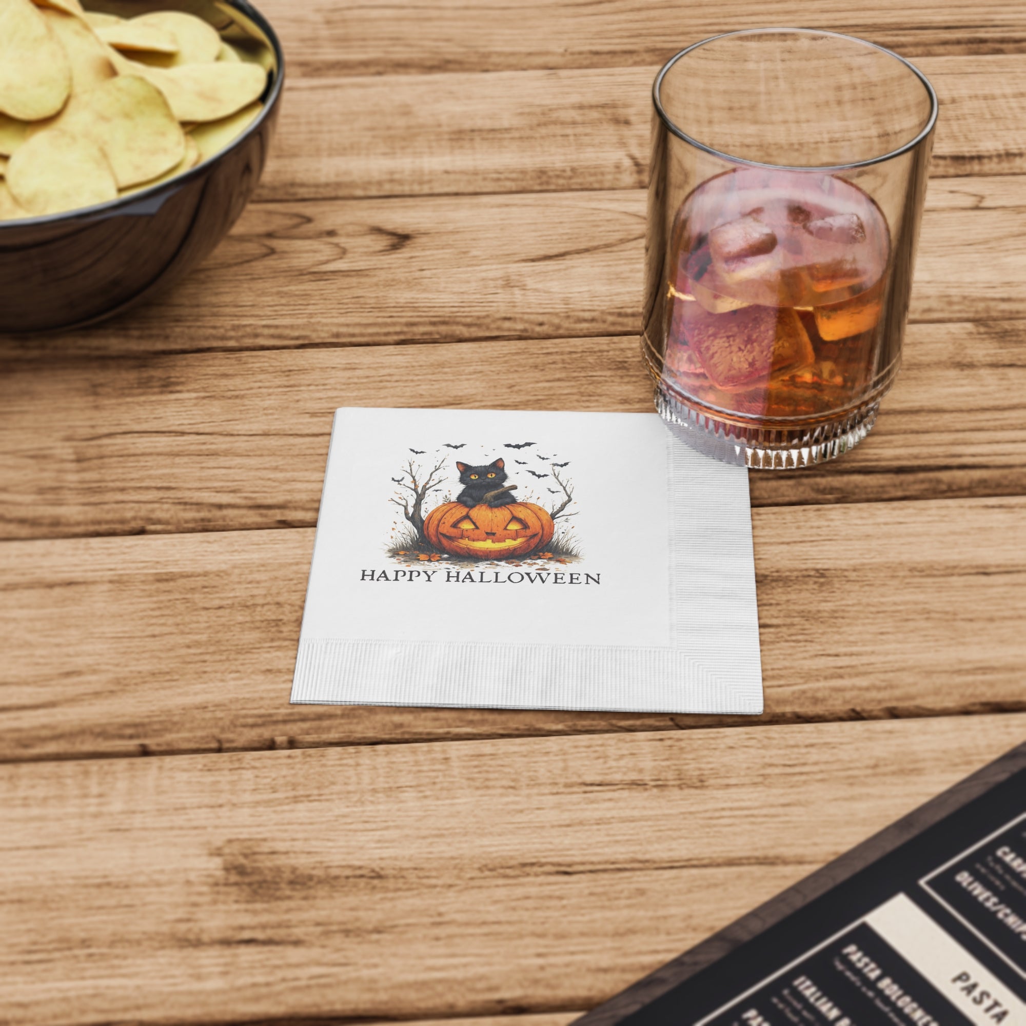 Halloween Themed Napkins with Cat and Pumpkin Design
