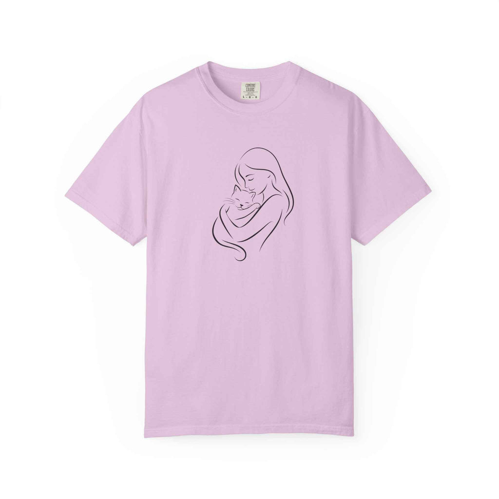 Mother & Cat Embrace T-Shirt | Minimal Line Art Cat Mom Shirt