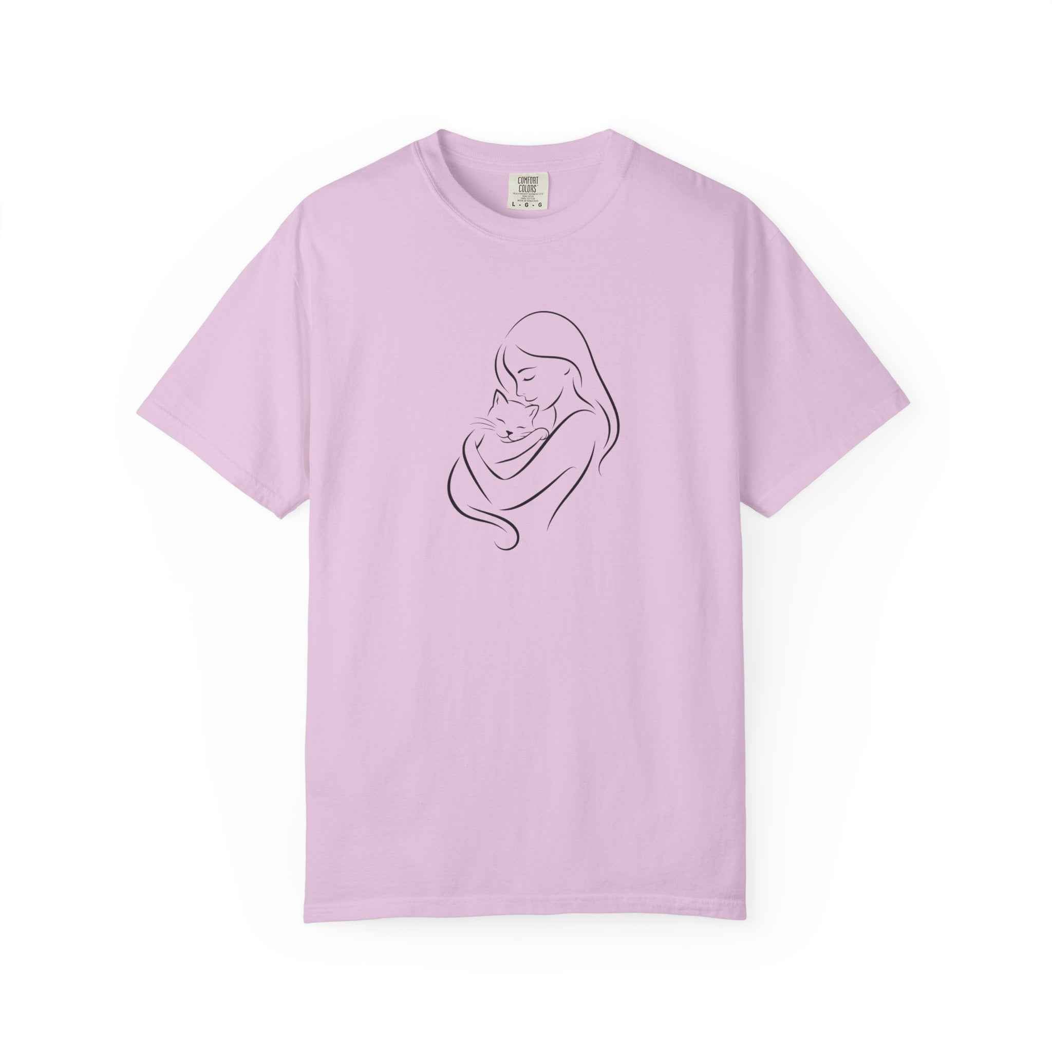 Mother & Cat Embrace T-Shirt | Minimal Line Art Cat Mom Shirt