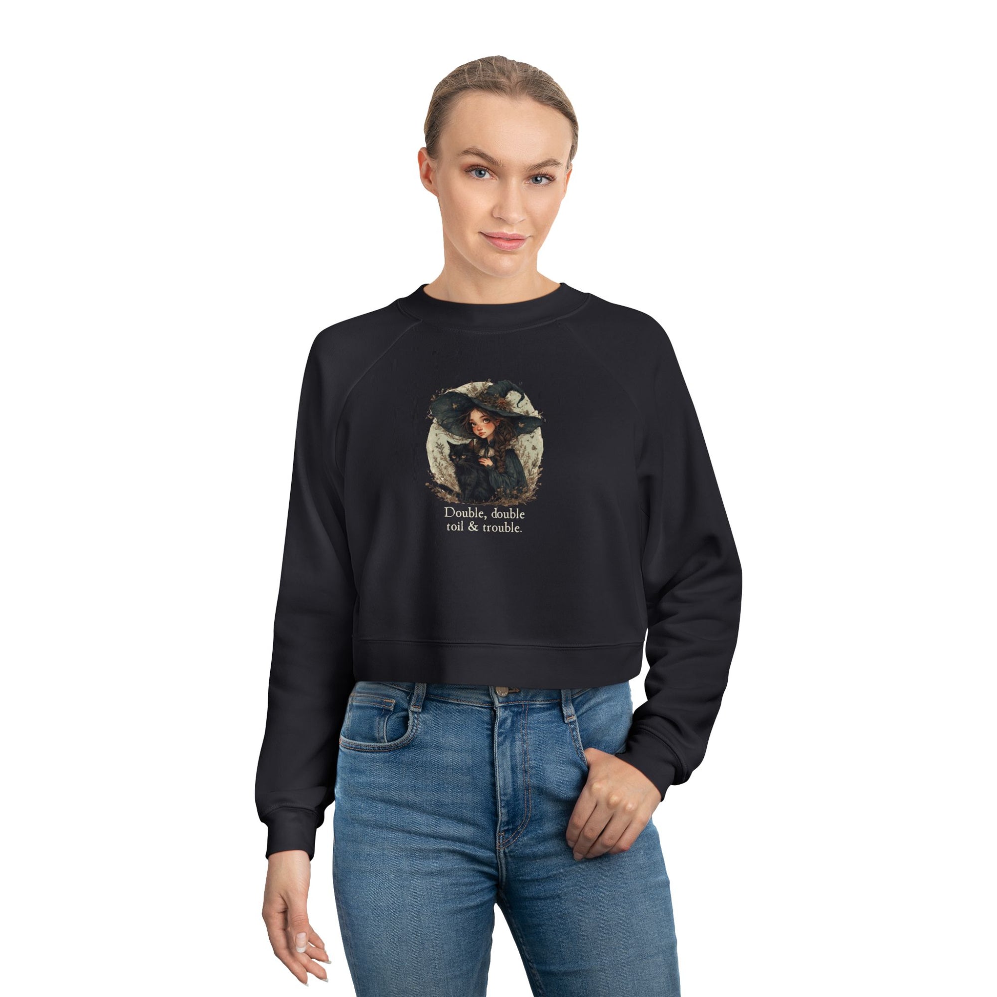Cute Witchy Cat Lady Women's Halloween Cropped Pullover Sweatshirt