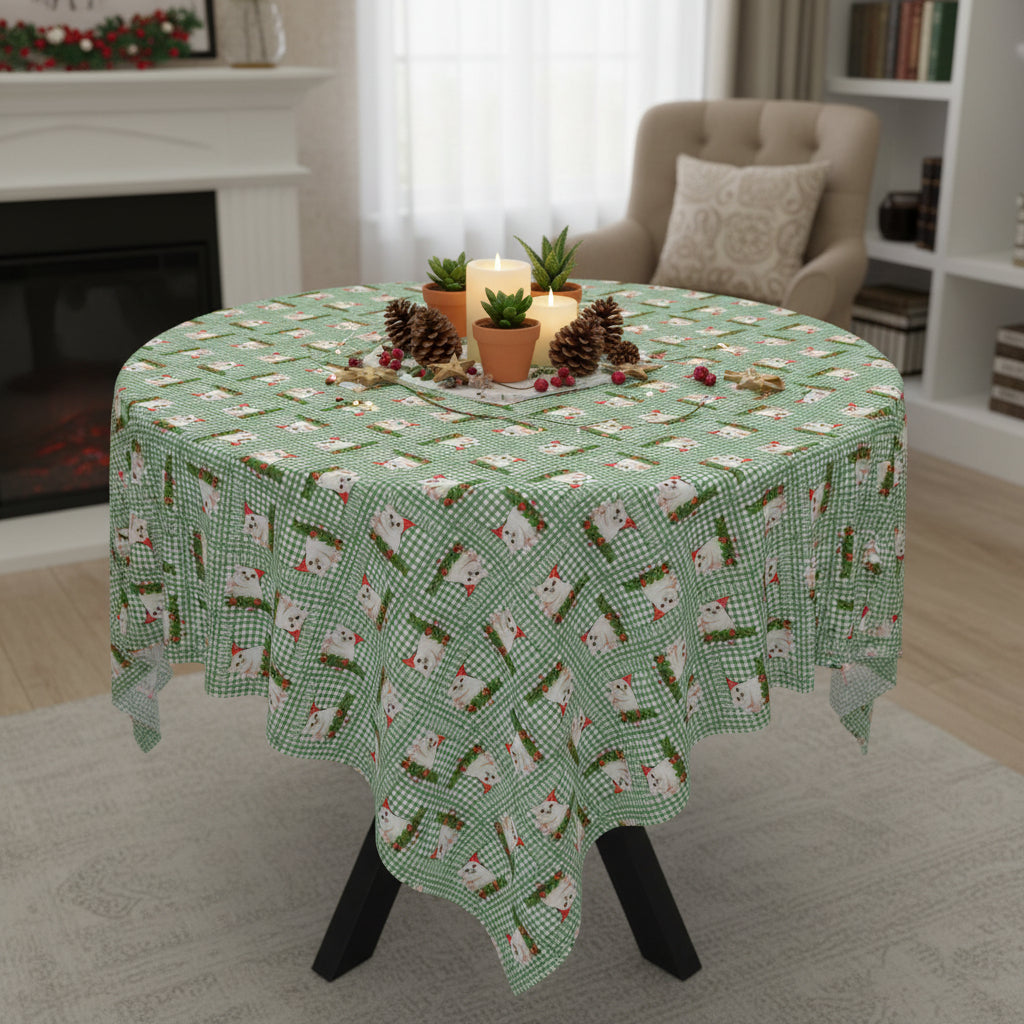 Photo depicting the ​Meowy Gingham Christmas Tablecloth from EpiAl's Shop.