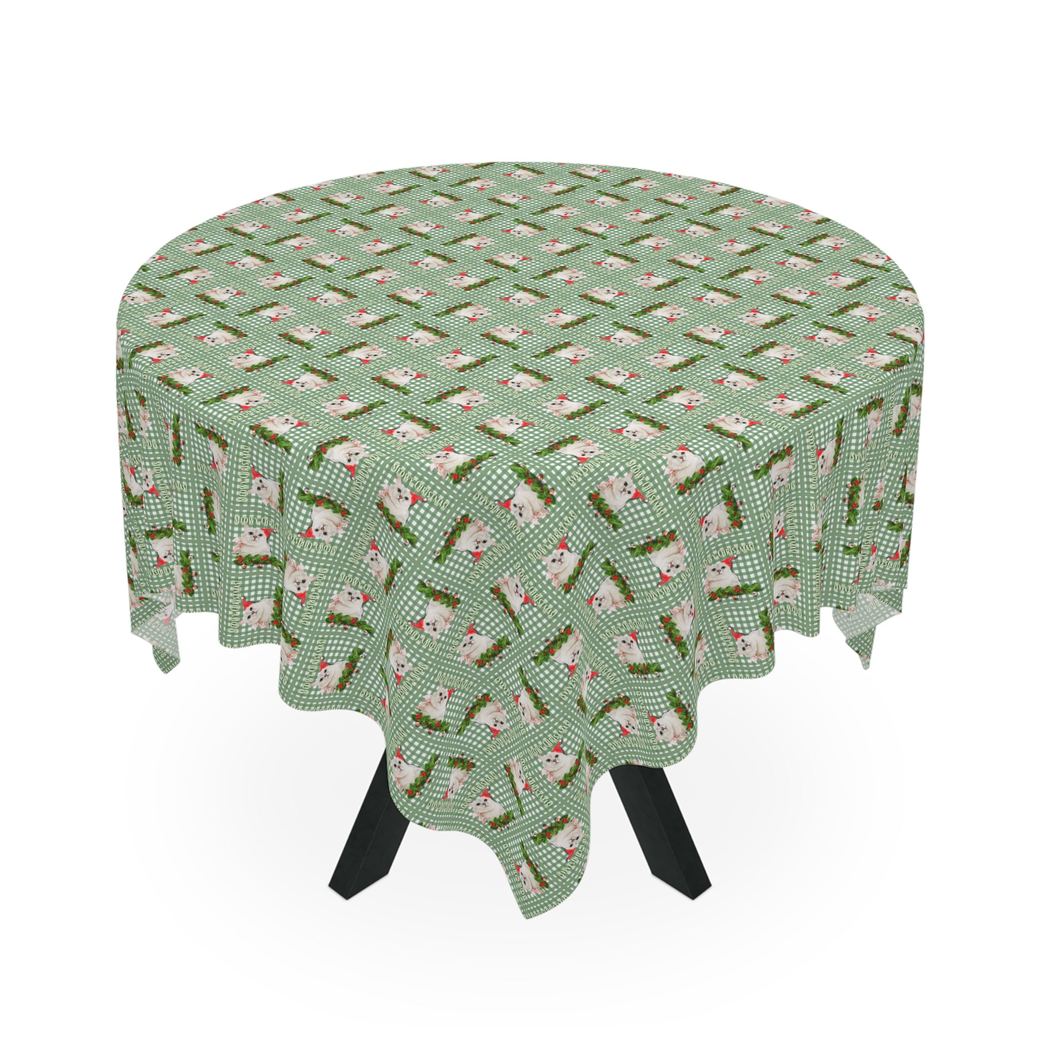 Photo depicting the ​Meowy Gingham Christmas Tablecloth from EpiAl's Shop.