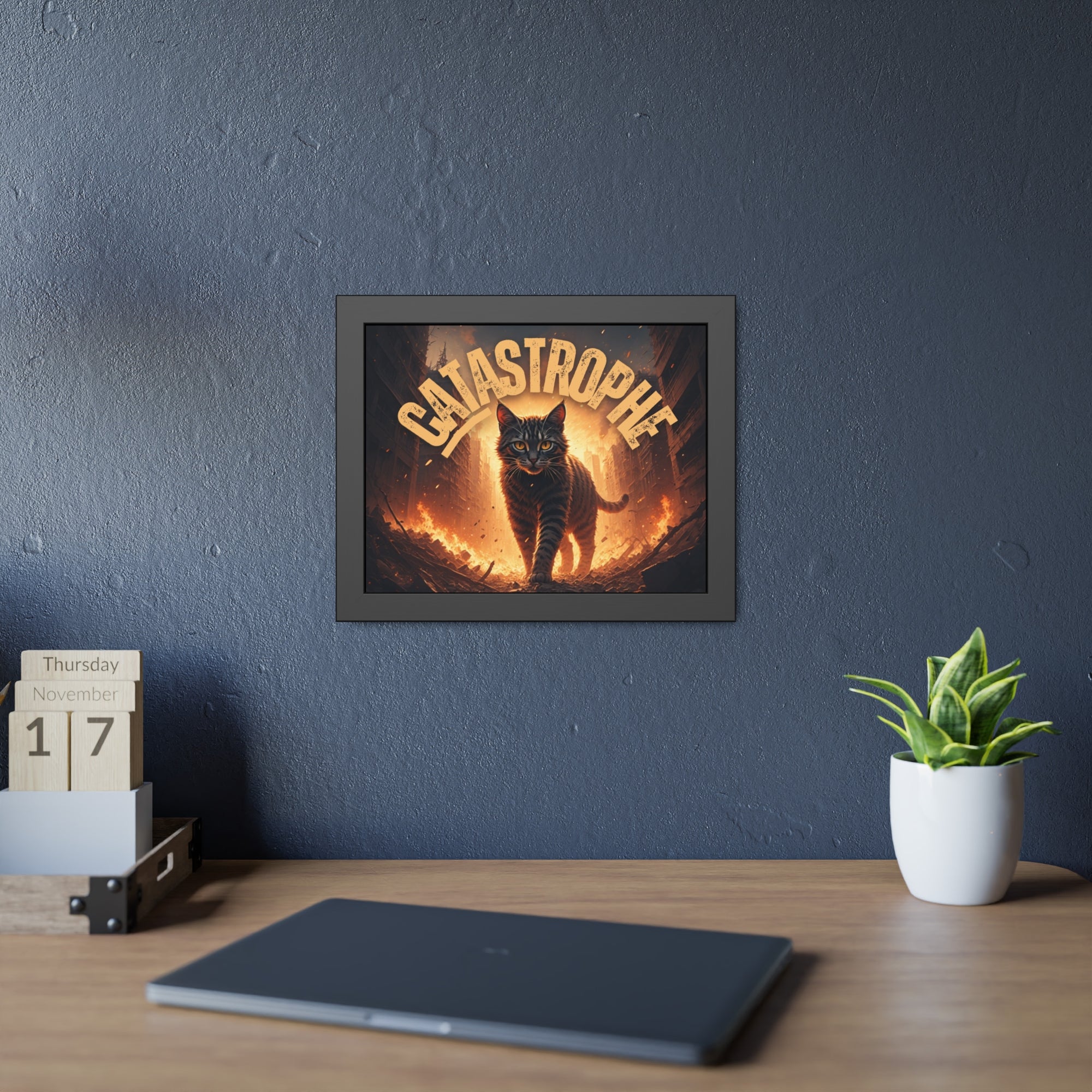 Framed Catastrophe Cat Poster Art, Quirky Cat Artwork