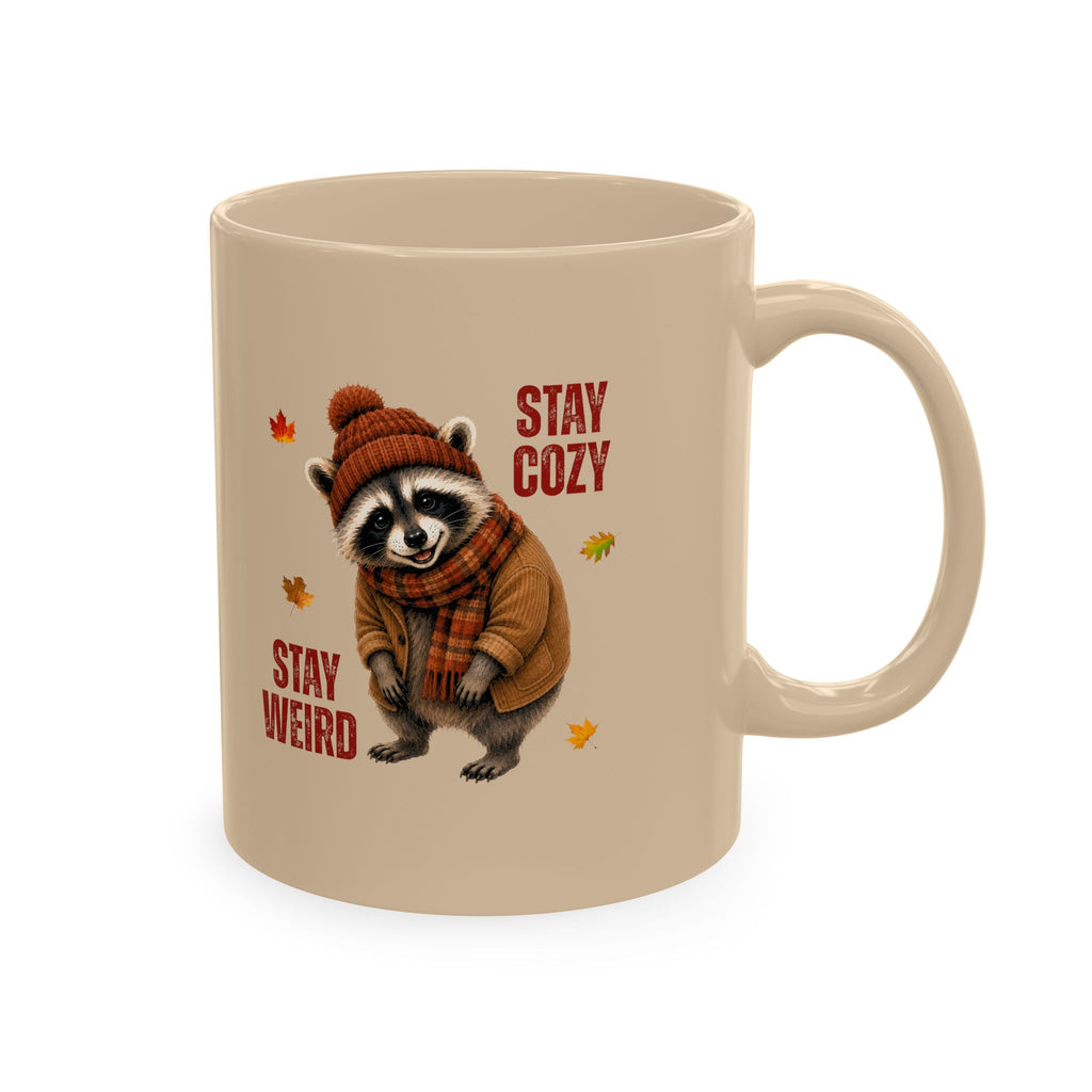 Jimothy “Stay Cozy, Stay Weird” Fall Raccoon Mug, 11 oz