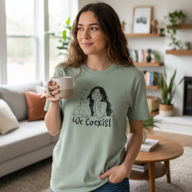 We Coexist T-Shirt – Minimalist Cat Lover Graphic Tee