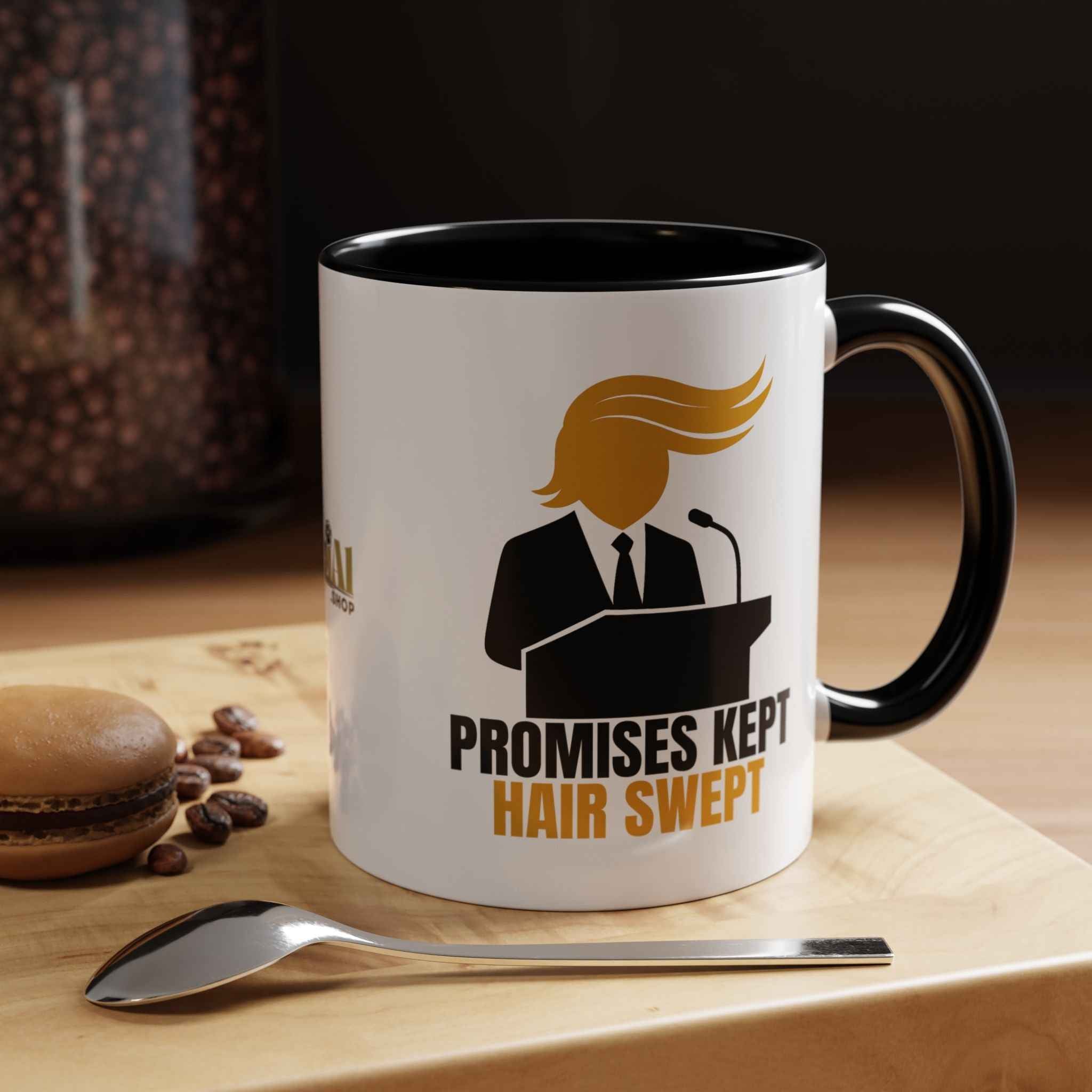 Promises Kept, Hair Swept — Two-Tone Coffee Mug (Political Parody)