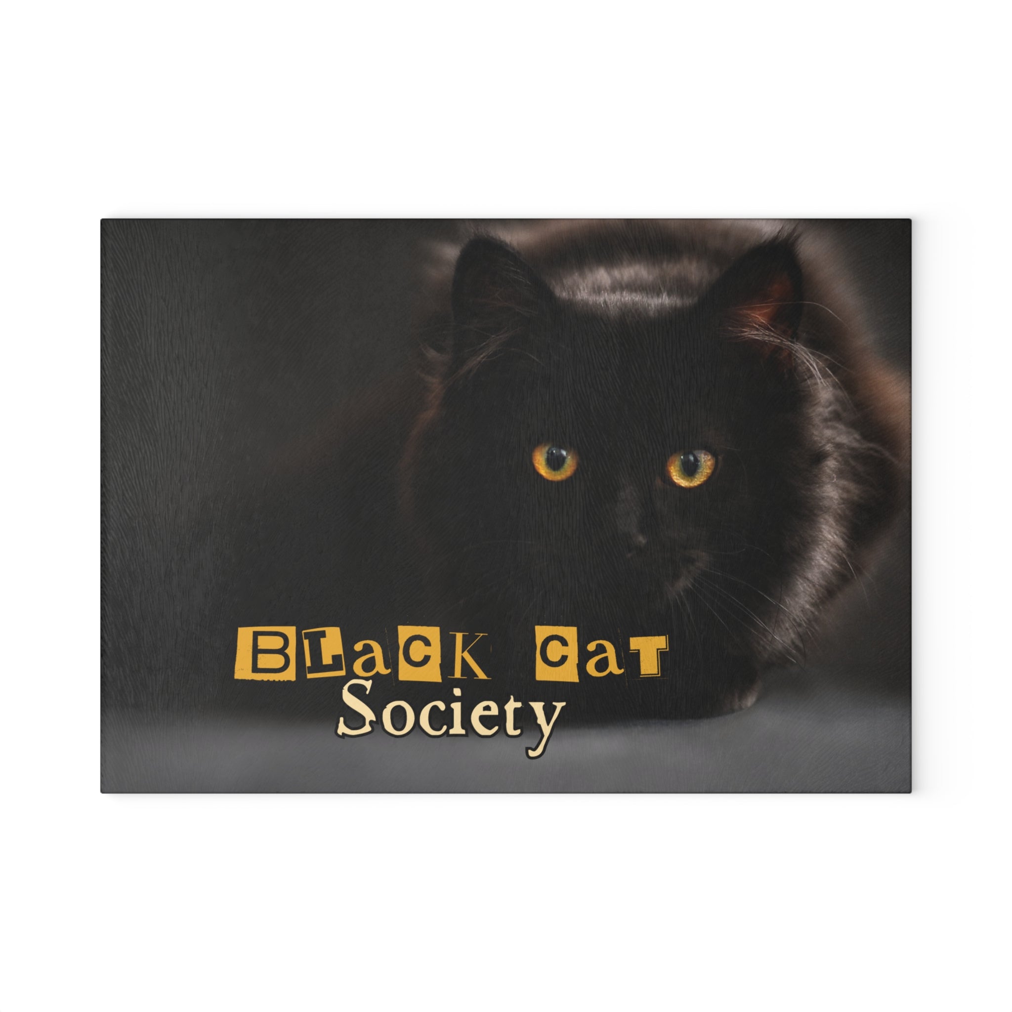 Photo depicting the ​Black Cat Society Glass Cutting Board from EpiAl's Shop.