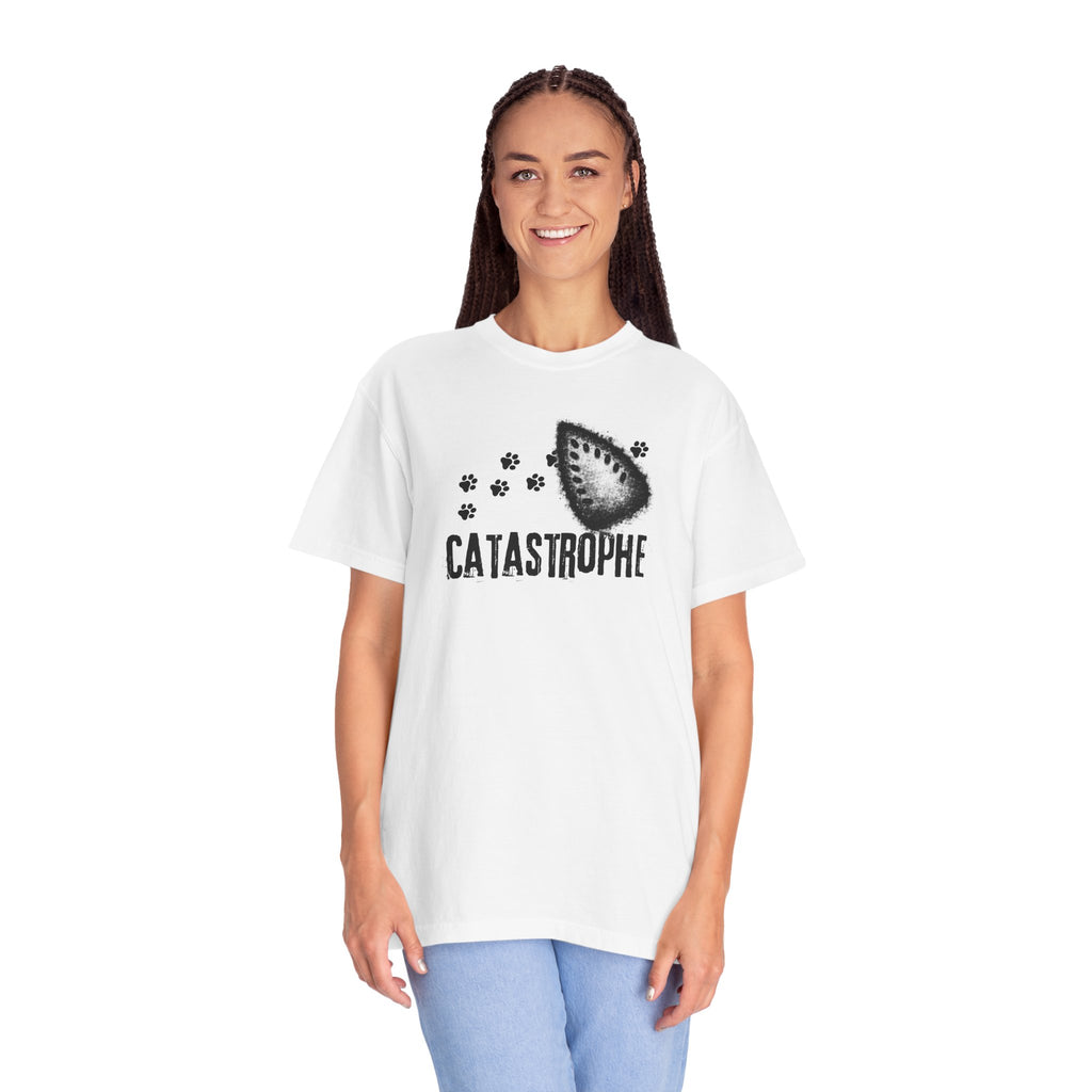 Catastrophe Iron Burn Graphic T-Shirt | Funny Cat Pun Shirt | Distressed Grunge Cat Tee