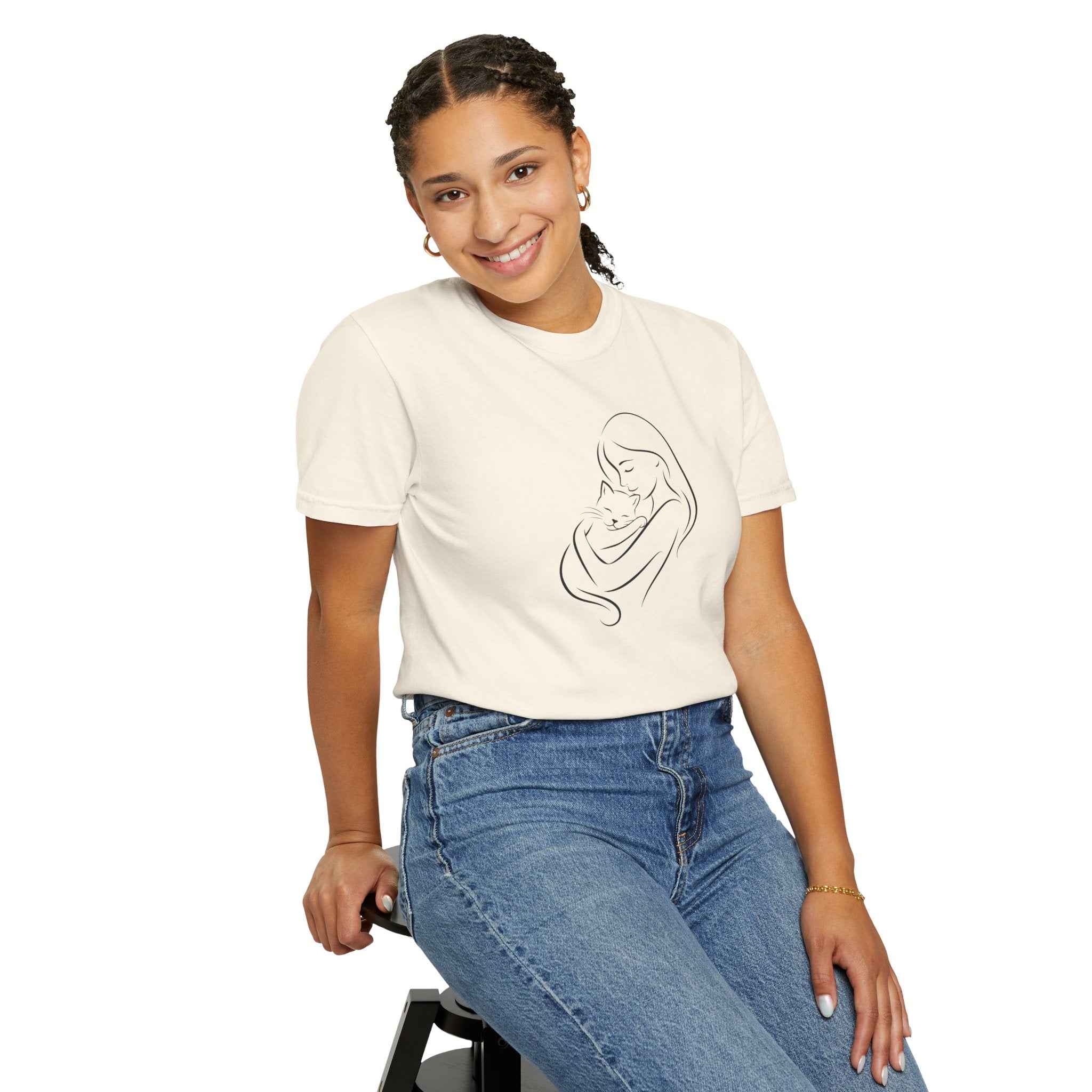 Mother & Cat Embrace T-Shirt | Minimal Line Art Cat Mom Shirt