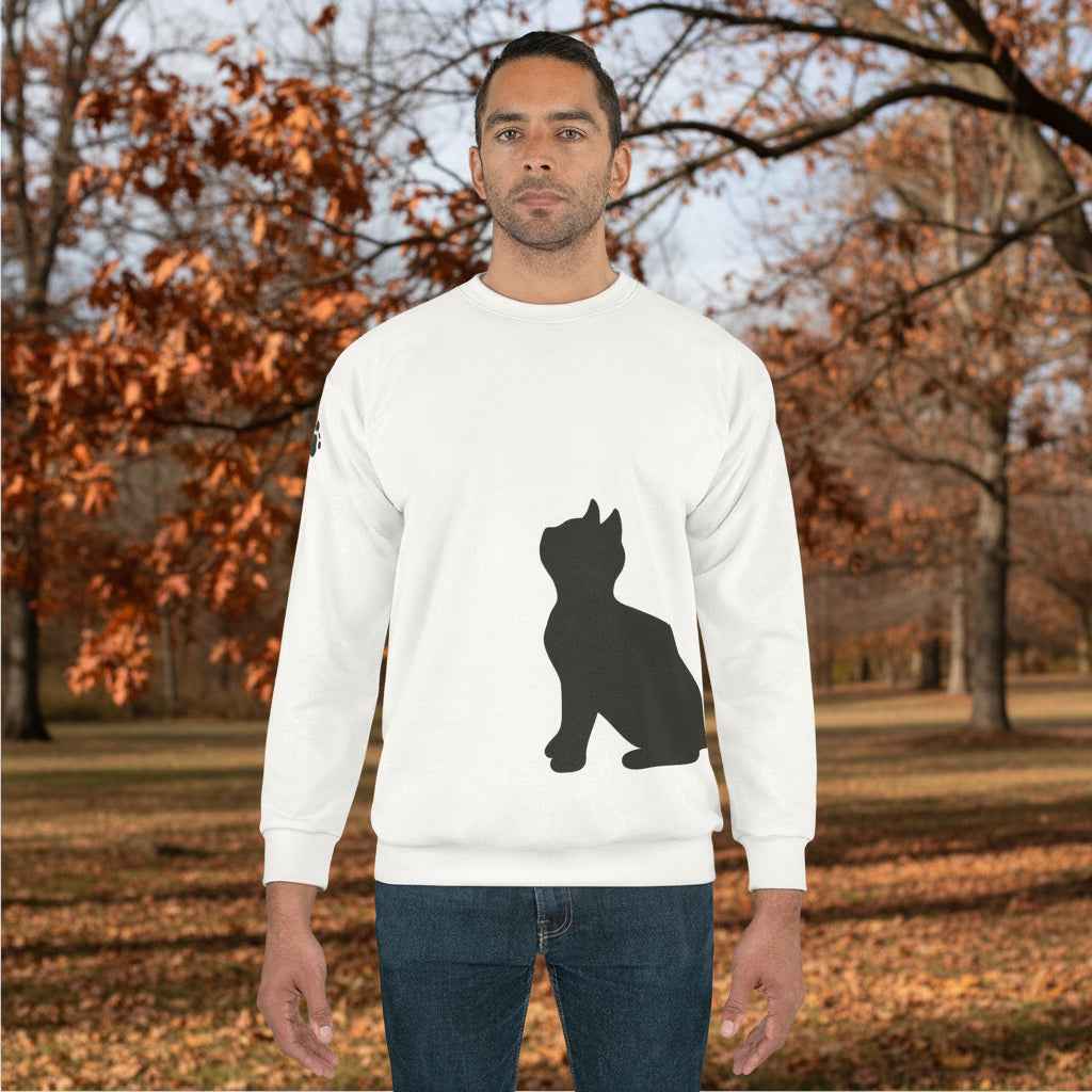 Minimalist Cat Silhouette Crewneck — Dual Black Cats with Paw-Print Sleeve