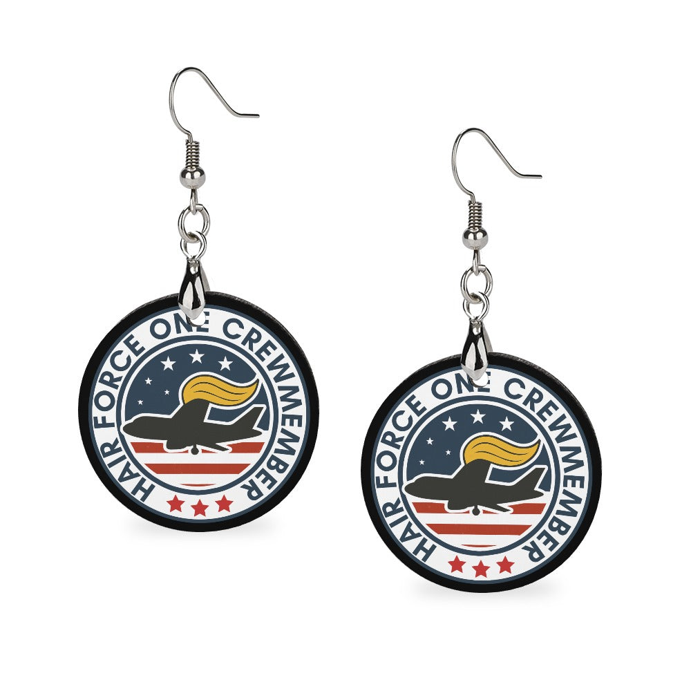 Hair Force One Crew Member Wood Earrings – Political Parody Statement Dangles