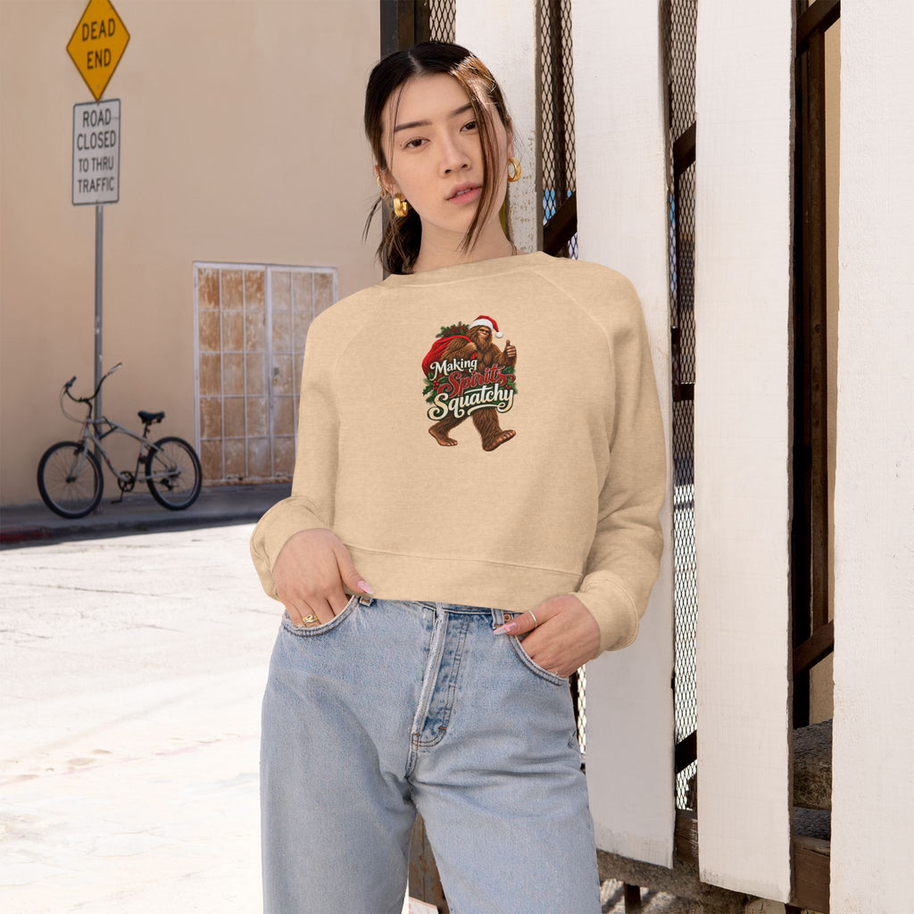 Making Spirits Squatchy Women's Cropped Christmas Sweatshirt | Santa Bigfoot Fleece Pullover