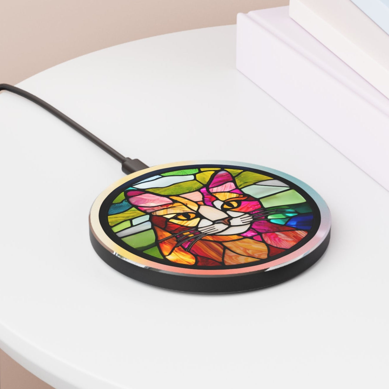 Stained Glass Cat Wireless Charger - Fast Charging Pad for Cat Lovers Printify