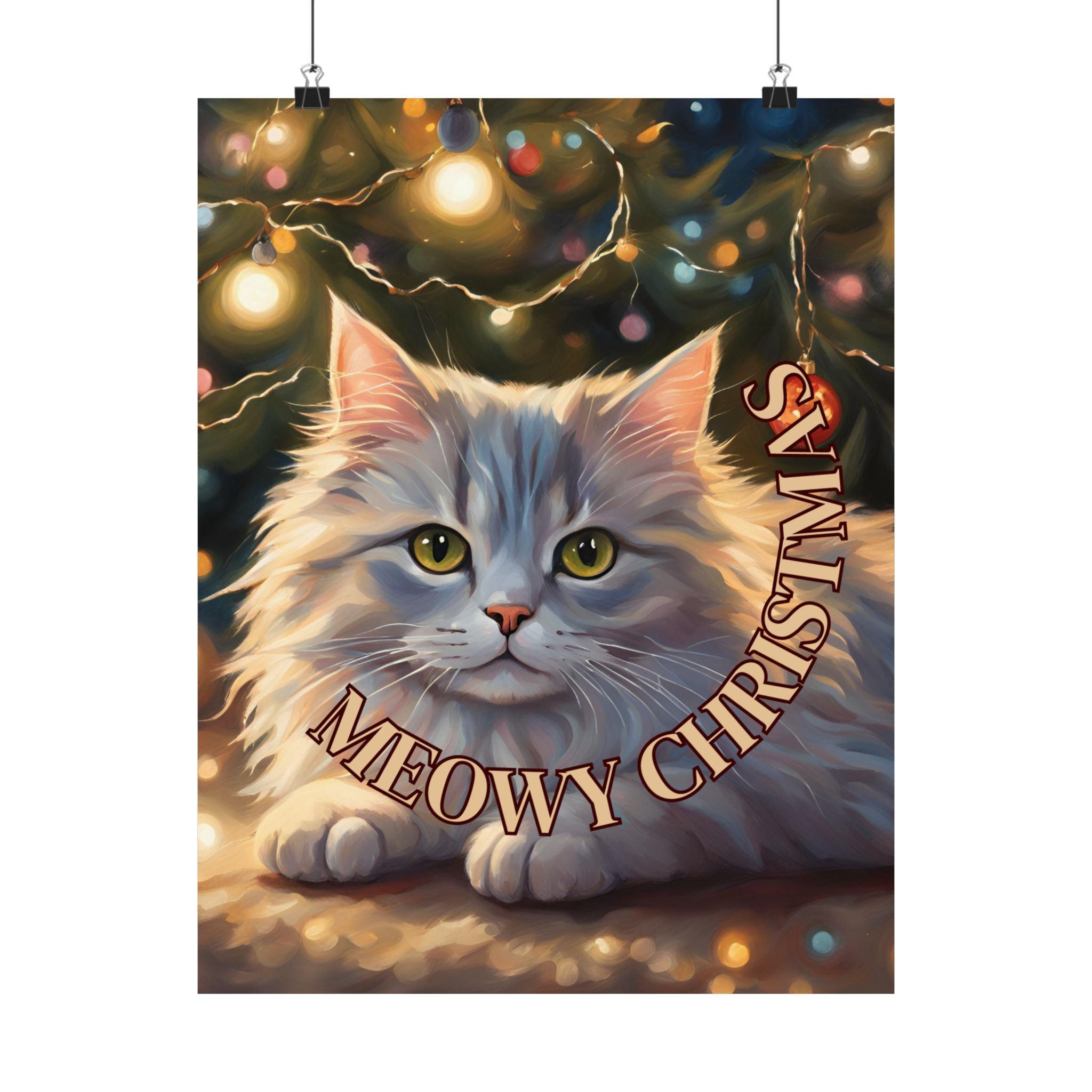Photo depicting the ​White Meowy Christmas Kitty Matte Vertical Posters from EpiAl's Shop.