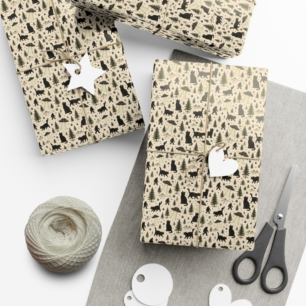 Cat, UFO & Bigfoot Wrapping Paper | Cryptid Cat Gift Wrap | Funny All-Occasion Wrap