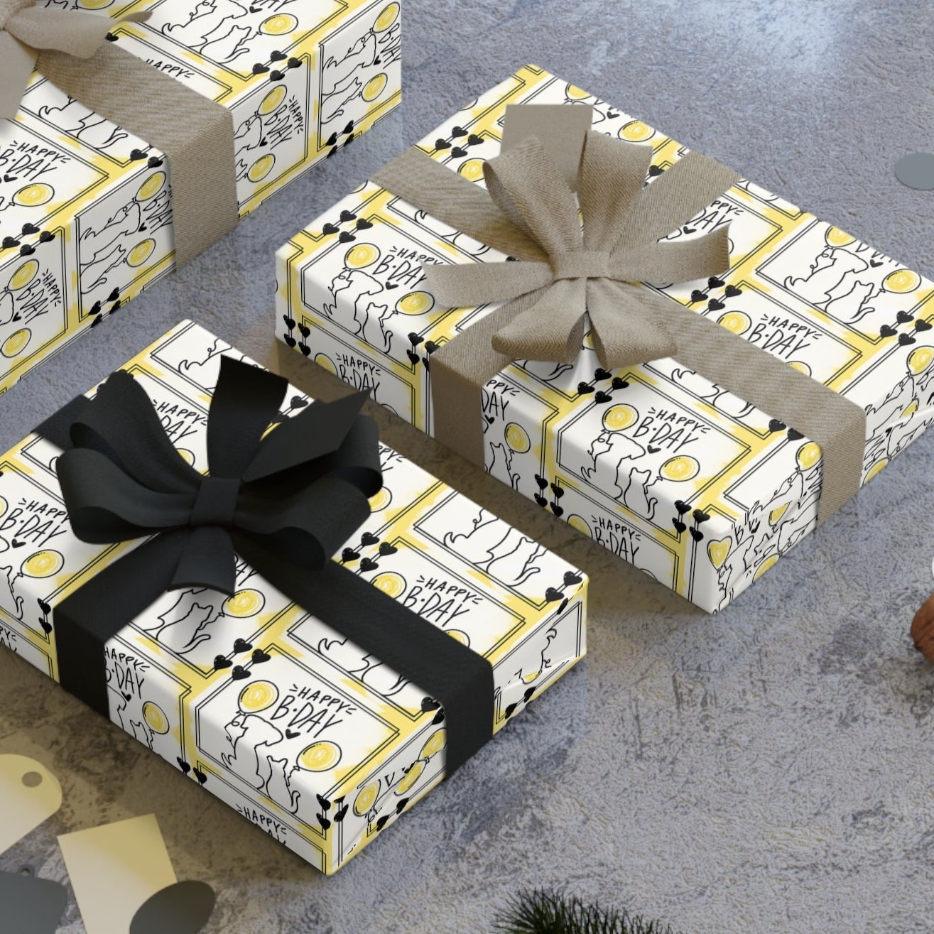 Dog & Cat Black & Yellow Birthday Gift Wrapping Paper Rolls, 1pc - EpiAl's Shop