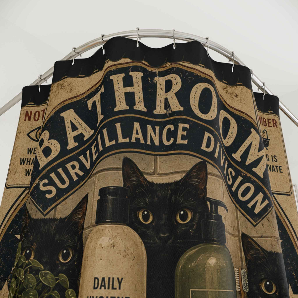 Bathroom Surveillance Division Shower Curtain | Funny Black Cat Bathroom Decor