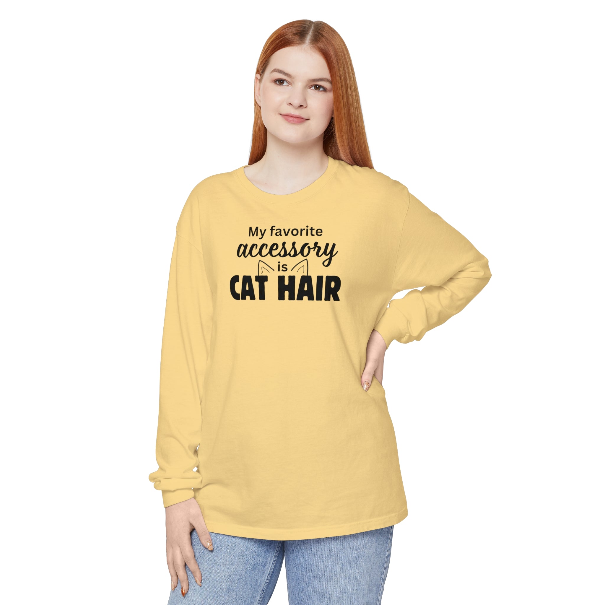 Photo depicting the ​Cat Hair Accessorized Unisex Garment-dyed Long Sleeve T-Shirt from EpiAl's Shop.