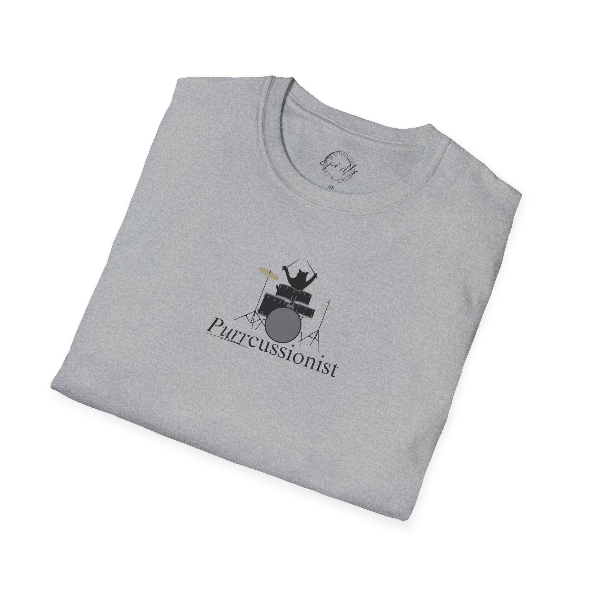Photo depicting the ​Purrcussionist Unisex Softstyle T-Shirt from EpiAl's Shop.