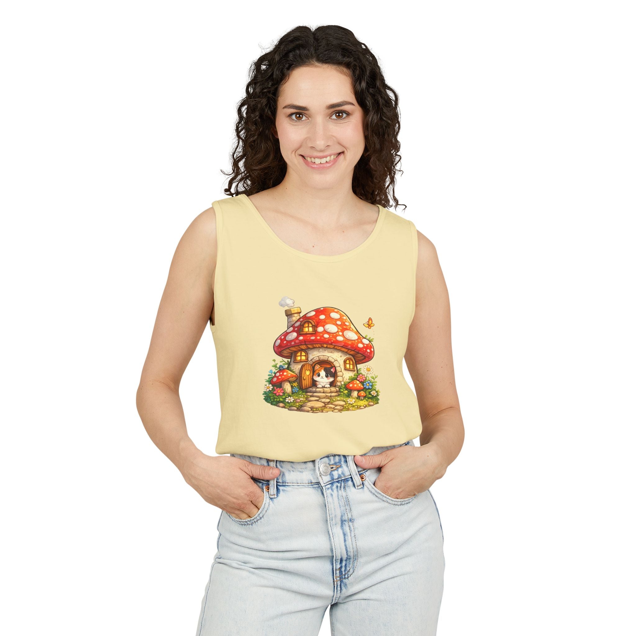 Whimsical Mushroom Cottage Women’s Garment-Dyed Tank Top