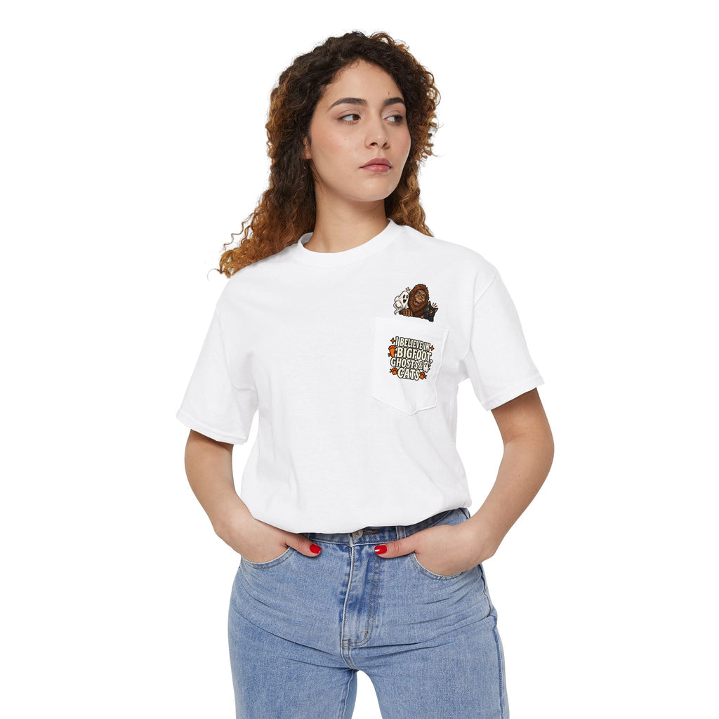 I Believe in Bigfoot, Ghosts & Cats Pocket T-Shirt