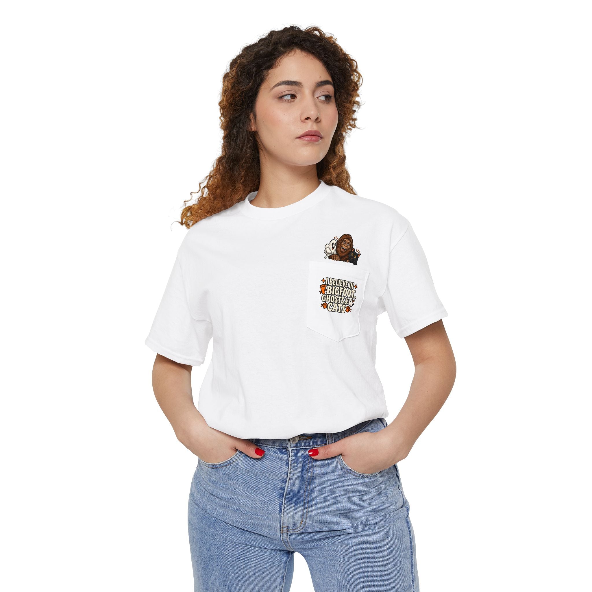 I Believe in Bigfoot, Ghosts & Cats Pocket T-Shirt