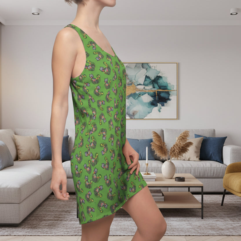 Green WhimsiCat Racerback Dress – Lightweight Athletic Cat Print Dress