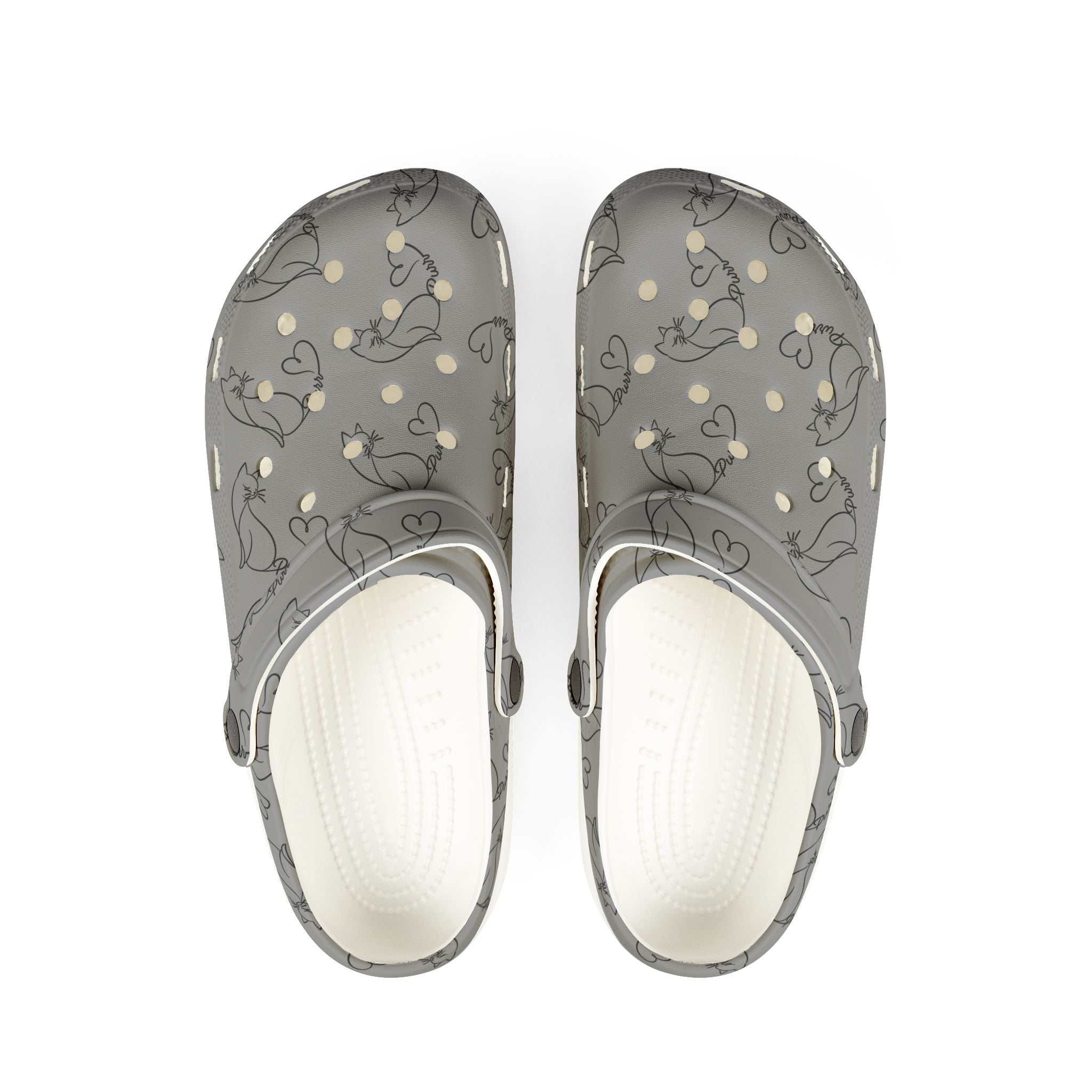 Minimalist Cat Line Art EVA Clogs – Grey All-Over Print Slip-Ons