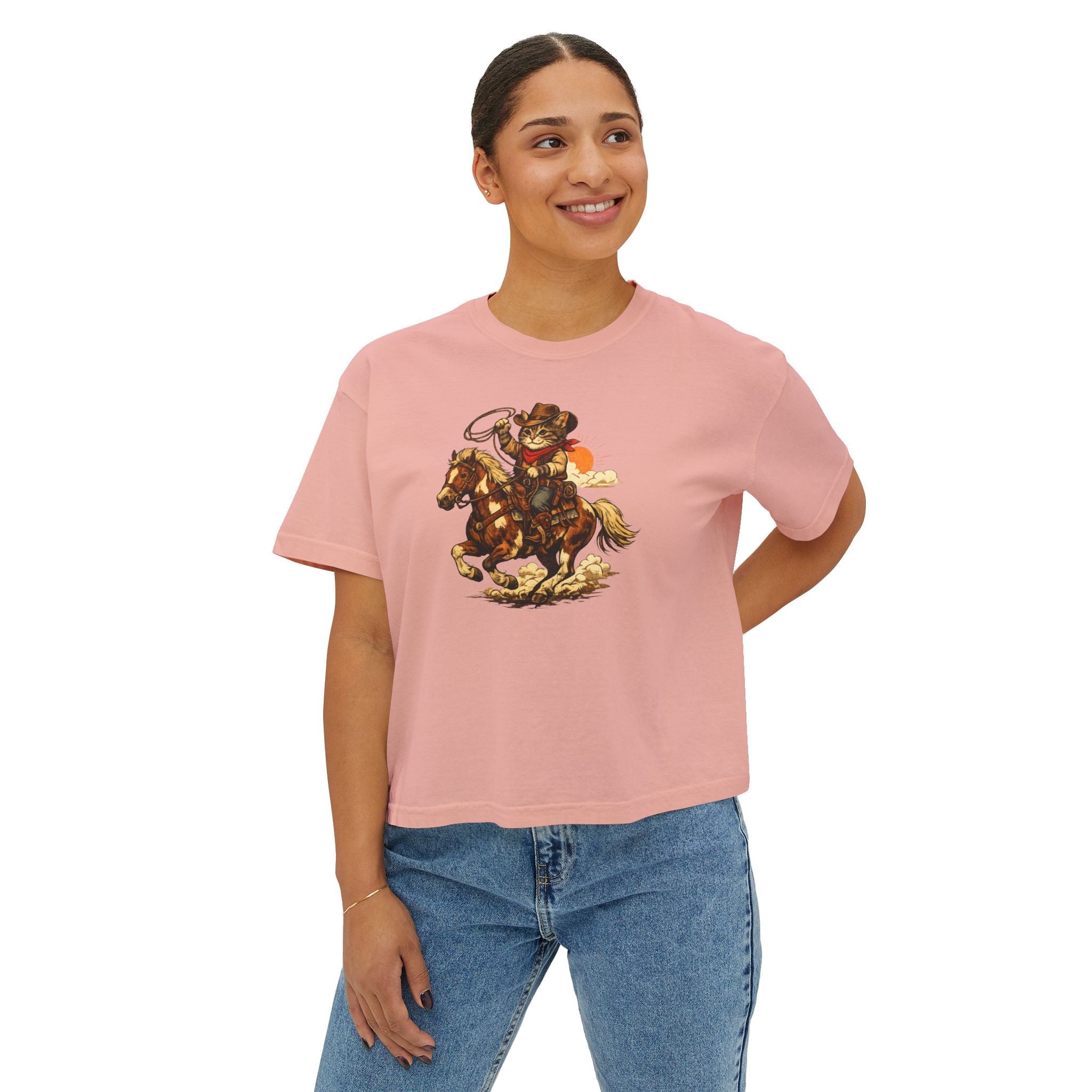 Cowboy Cat Cropped Tee | Vintage Western Cat Boxy Crop Top