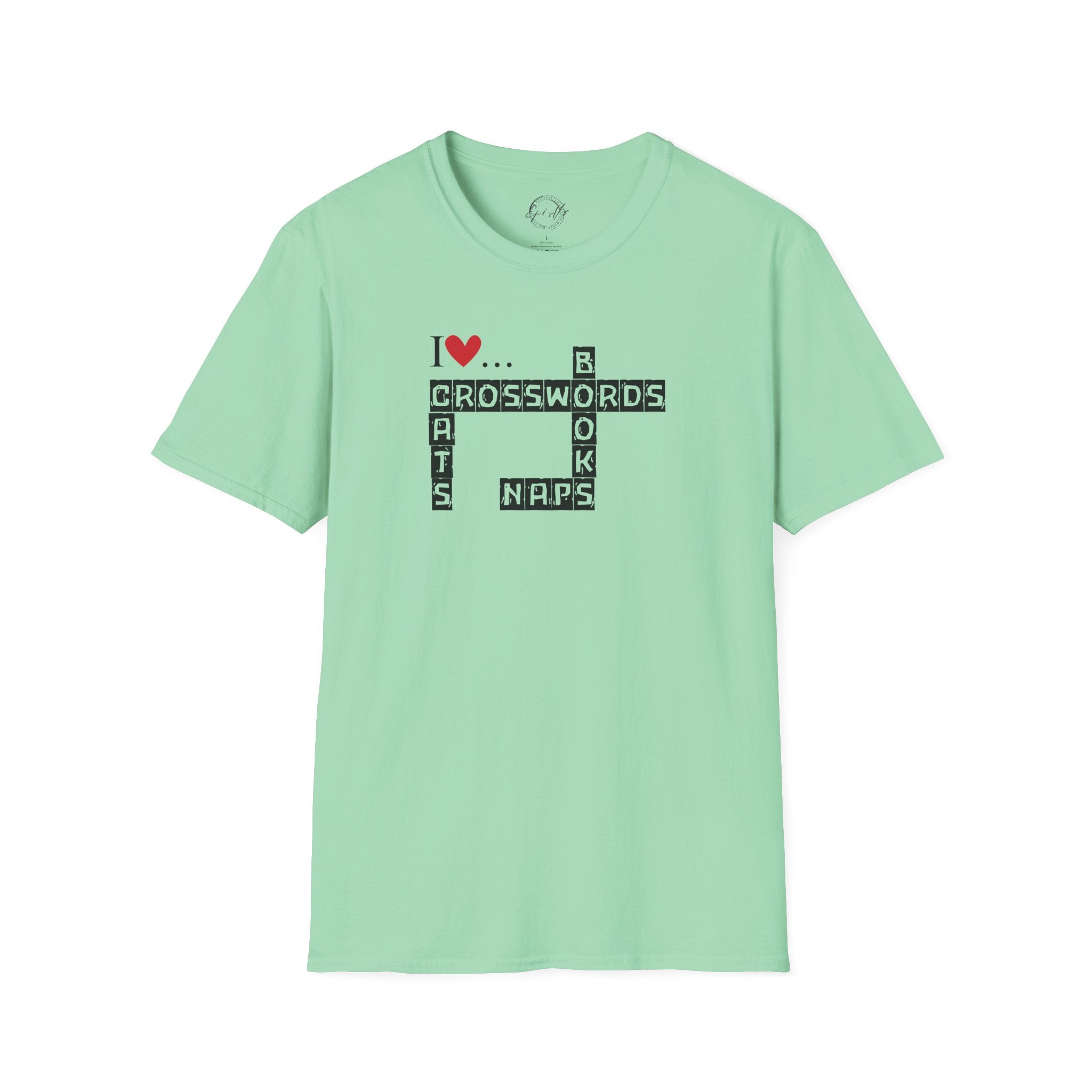 Photo depicting the ​Crosswords and Cats Unisex Softstyle T-Shirt from EpiAl's Shop.
