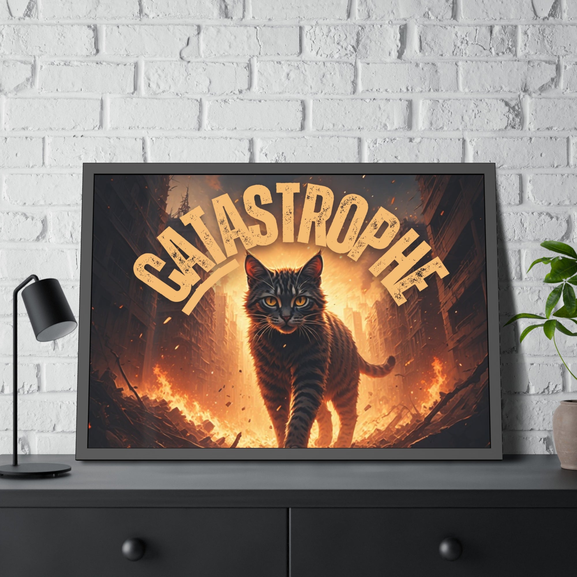 Framed Catastrophe Cat Poster Art, Quirky Cat Artwork