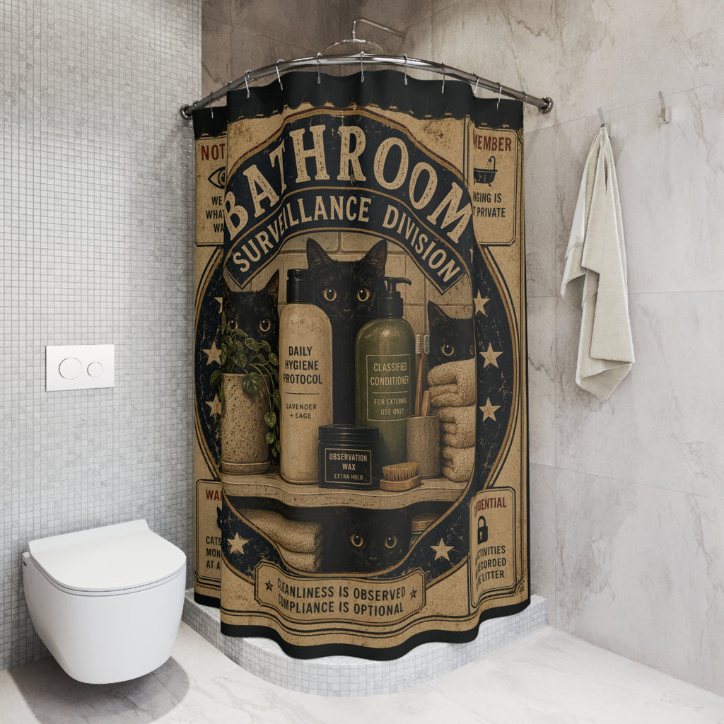 Bathroom Surveillance Division Shower Curtain | Funny Black Cat Bathroom Decor