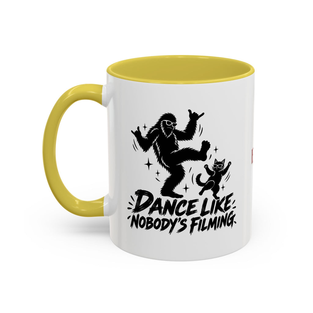 Dance Like Nobody's Filming | Funny Bigfoot & Cat Coffee Mug (11oz/15oz)