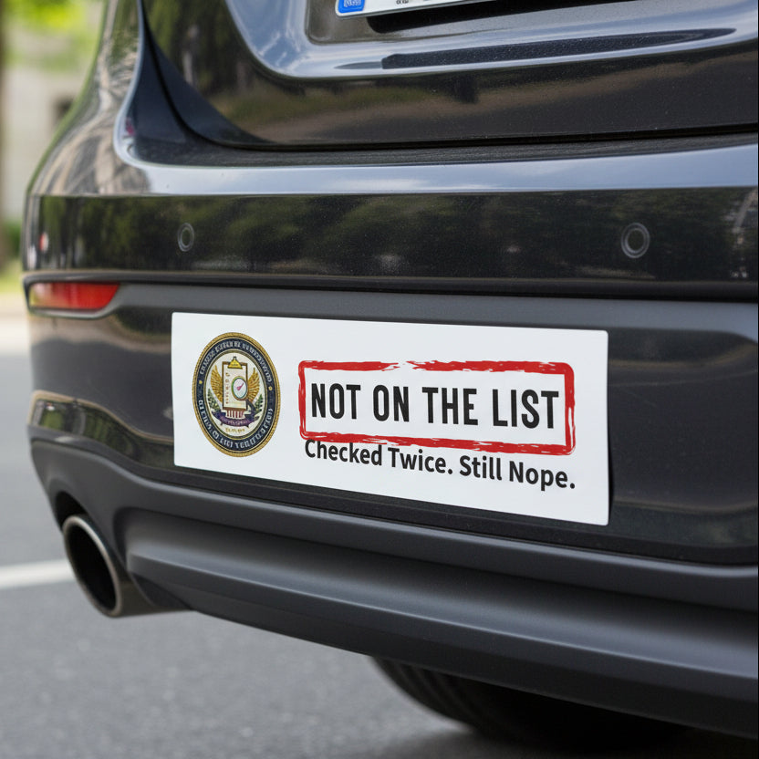 NOT ON THE LIST Bumper Magnet | Political Parody All-Weather Car Magnet