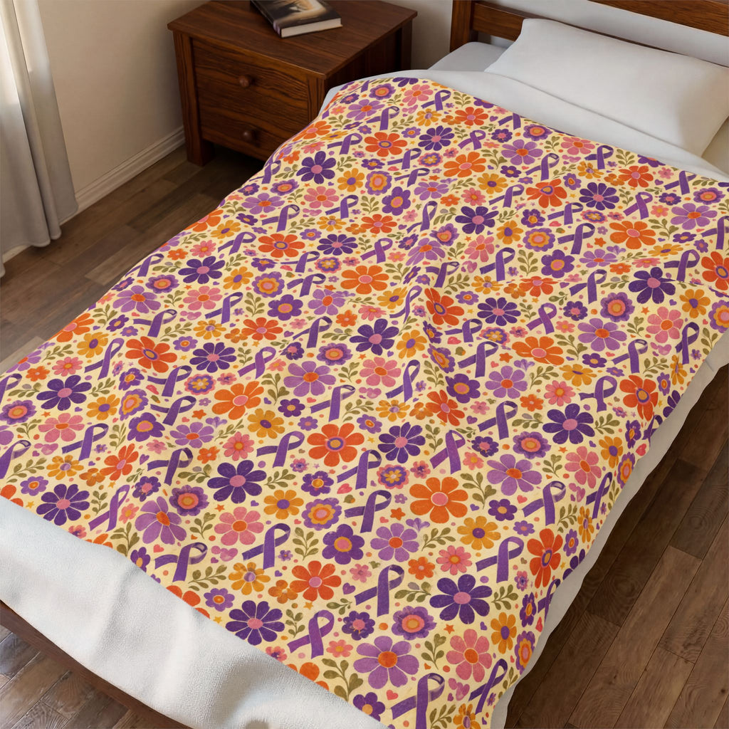 Retro Floral Epilepsy Awareness Plush Blanket | Purple Ribbon Throw