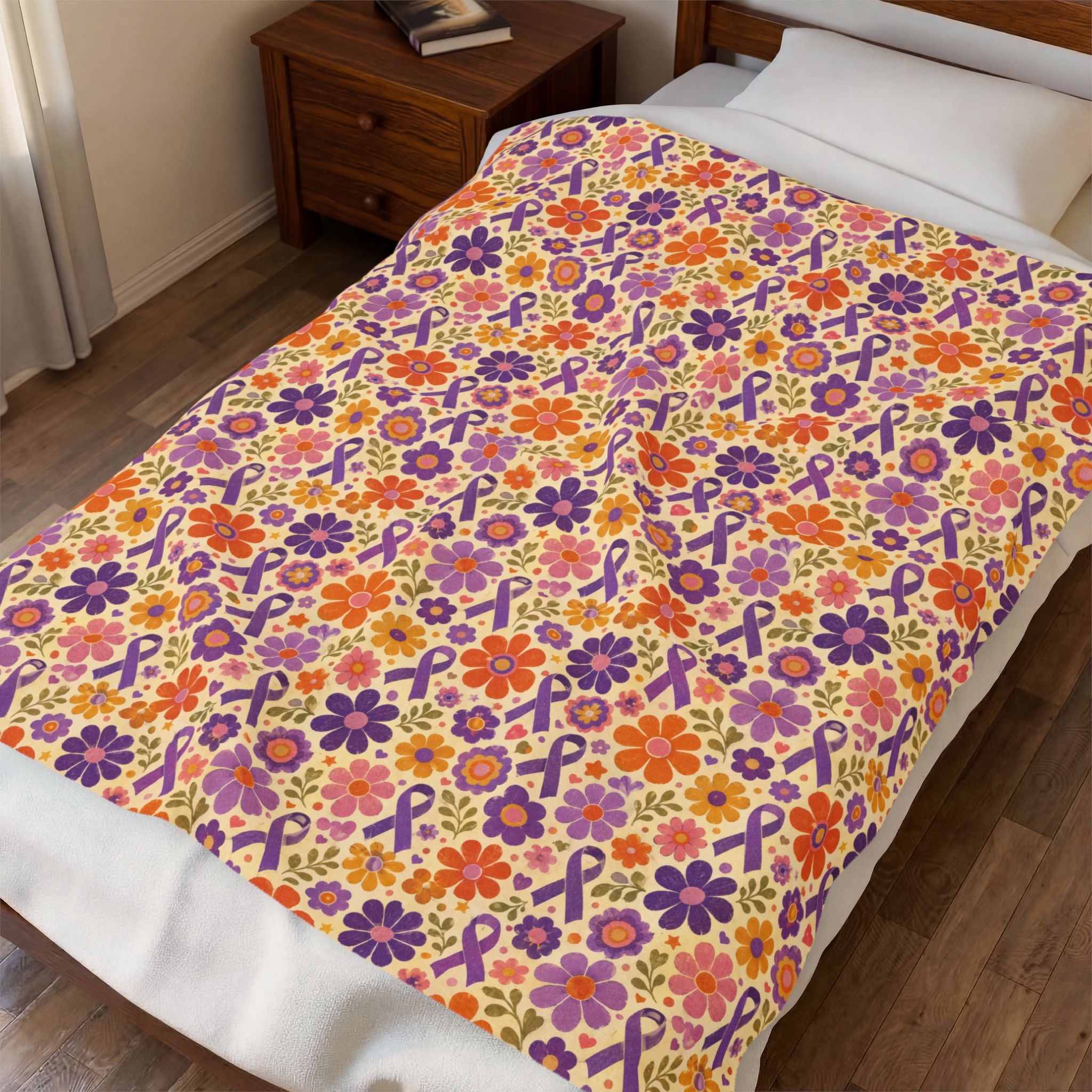Retro Floral Epilepsy Awareness Plush Blanket | Purple Ribbon Throw