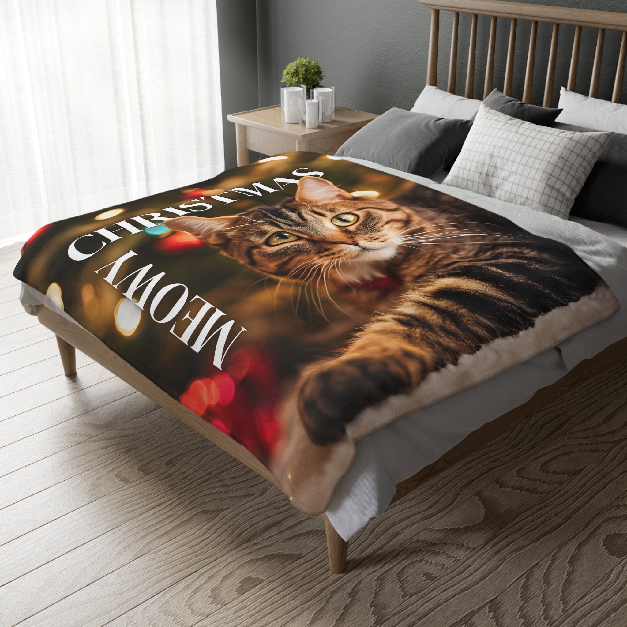 Photo depicting the ​Meowy Christmas Velveteen Microfiber Blanket (Two-sided print) from EpiAl's Shop.