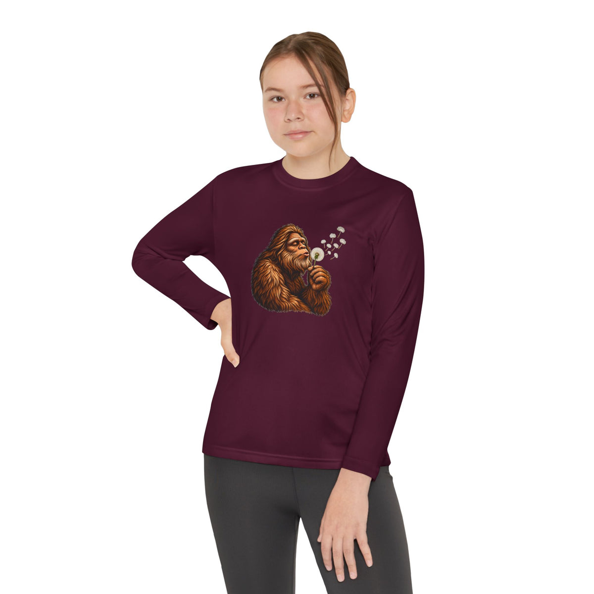 Bigfoot Blowing Dandelion Youth Long Sleeve Tee | Kids Sasquatch Shirt