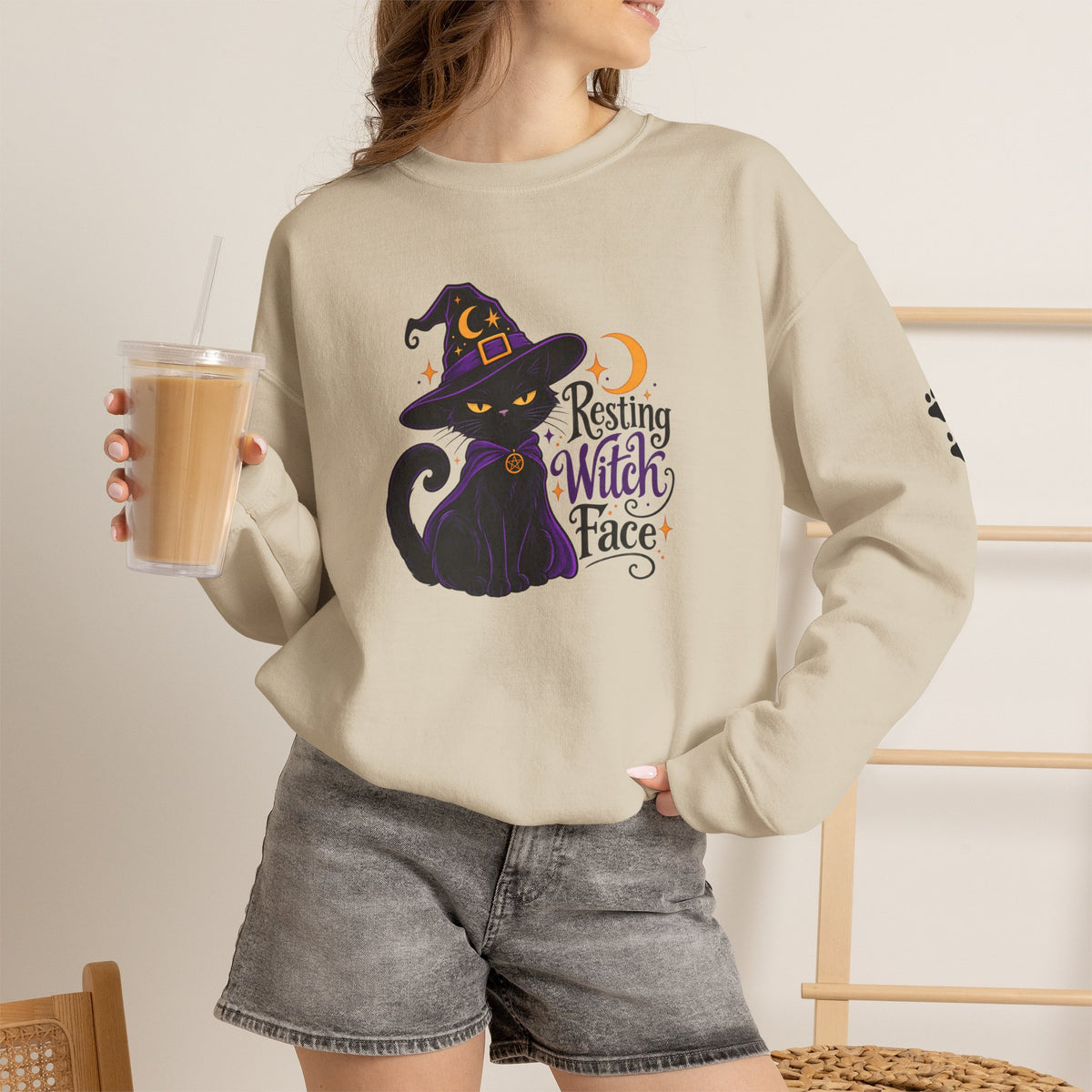 Resting Witch Face Cat Sweatshirt | Halloween Witch Cat Crewneck