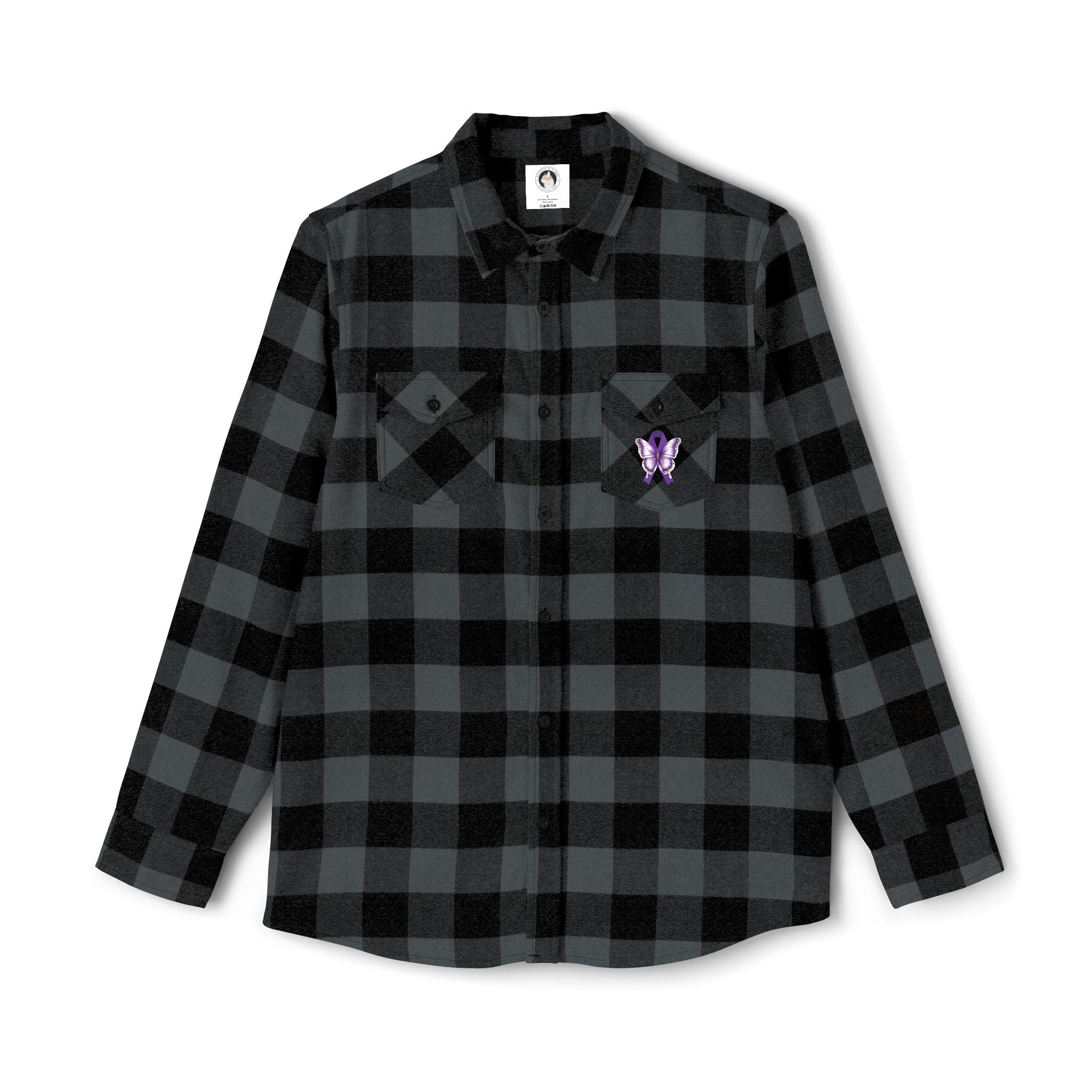 Photo depicting the ​Epilepsy Butterfly Unisex Flannel Shirt from EpiAl's Shop.
